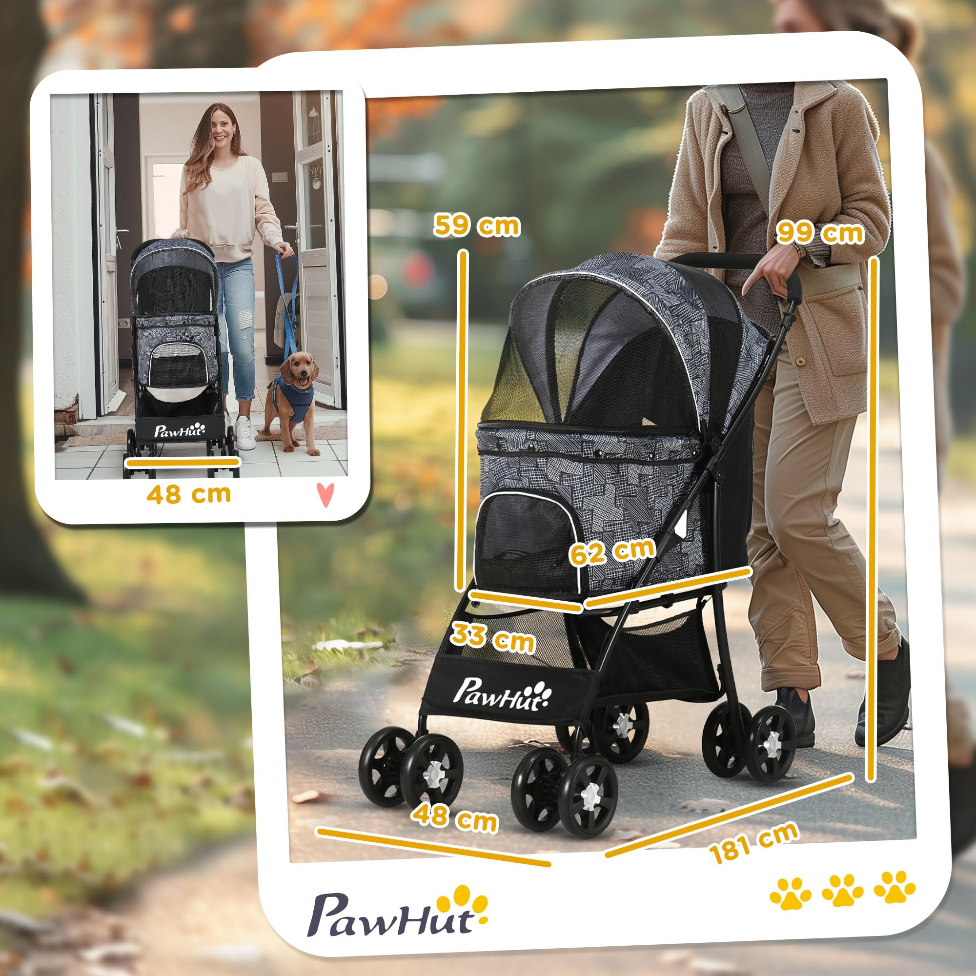 PawHut Hundewagen, faltbarer Hundebuggy, Hundetrolley mit Kissen, Katzenbuggy, Katzenwagen mit 4 Rädern, Netzfenster, Stauraum für kleine Hunde, Katzen, 600D Oxford, Schwarz