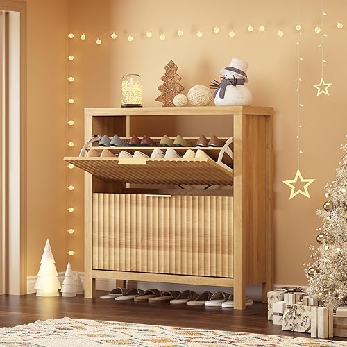 Miniatura 8 de Armario de zapatos para entrada, armario de zapatos estriado con 2 cajones abatibles, zapatero oculto alto independiente organizador de zapatos con