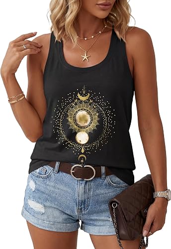 LUXVEER Women's Tank Tops Sleeveless Graphic Tees Casual Loose Racerback Camisole 2025 Summer Beach Shirts - Black 2 - Medium