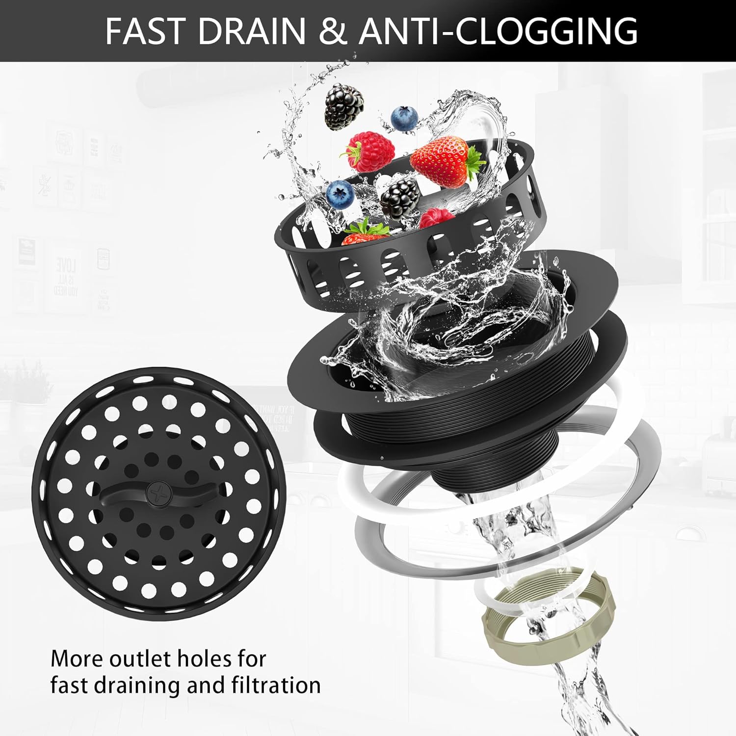 Black Sink Drain 3-1/2 Inch Kitchen Sink Drain Strainer Assembly Kit with Stainless Steel Strainer Basket and Drain Stopper for Standard Kitchen Sink Matte Black - Image 6