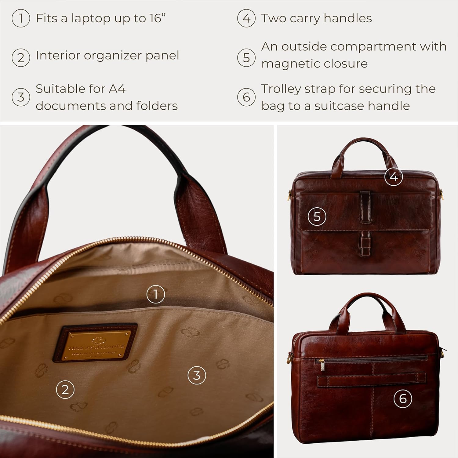 Time Resistance Leather Briefcase - Italian Handmade Leather Laptop Bag - Handbag for Men and Women - Image 6