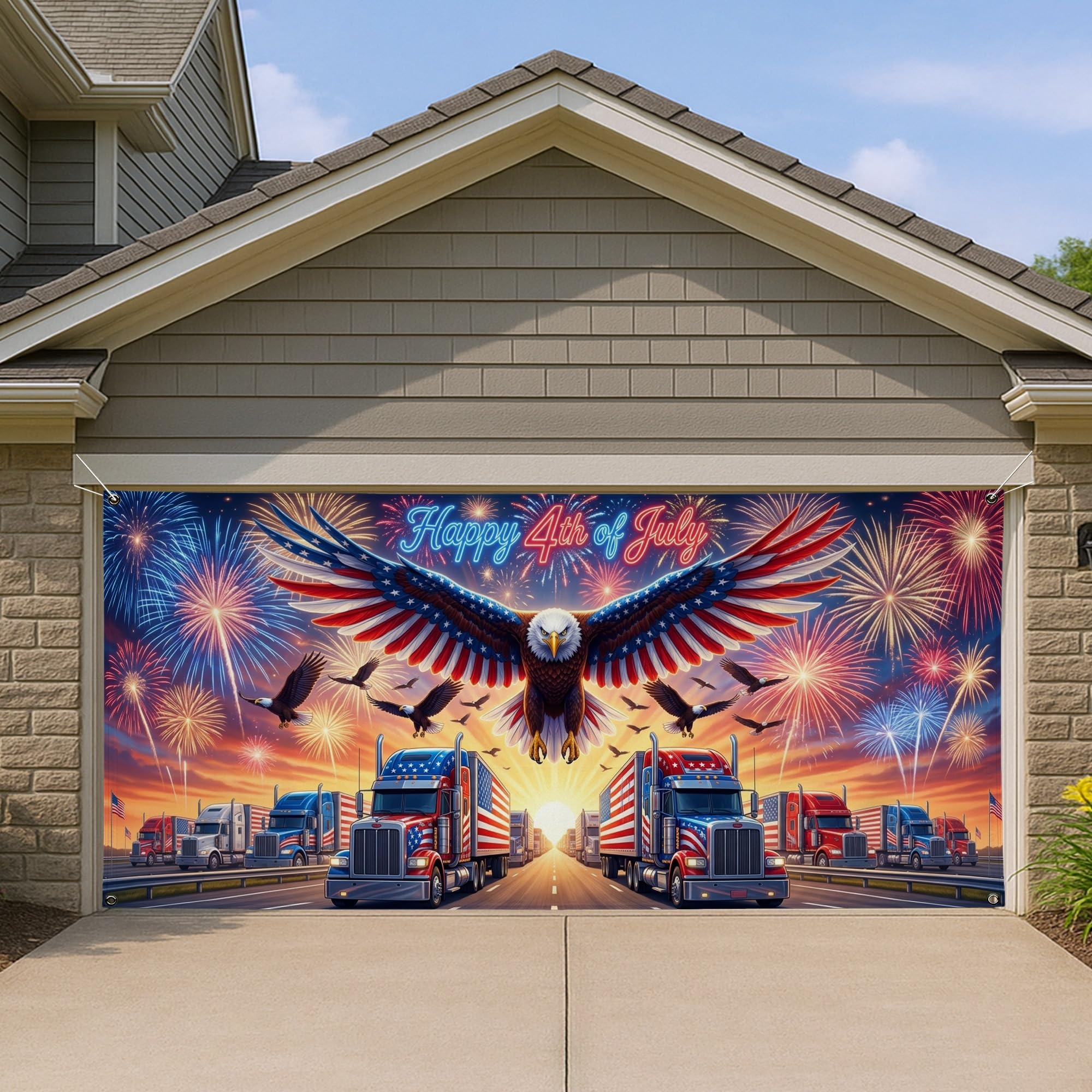 Décor extérieur 4 juillet grande taille avec motif aigle et feux d'artifice
