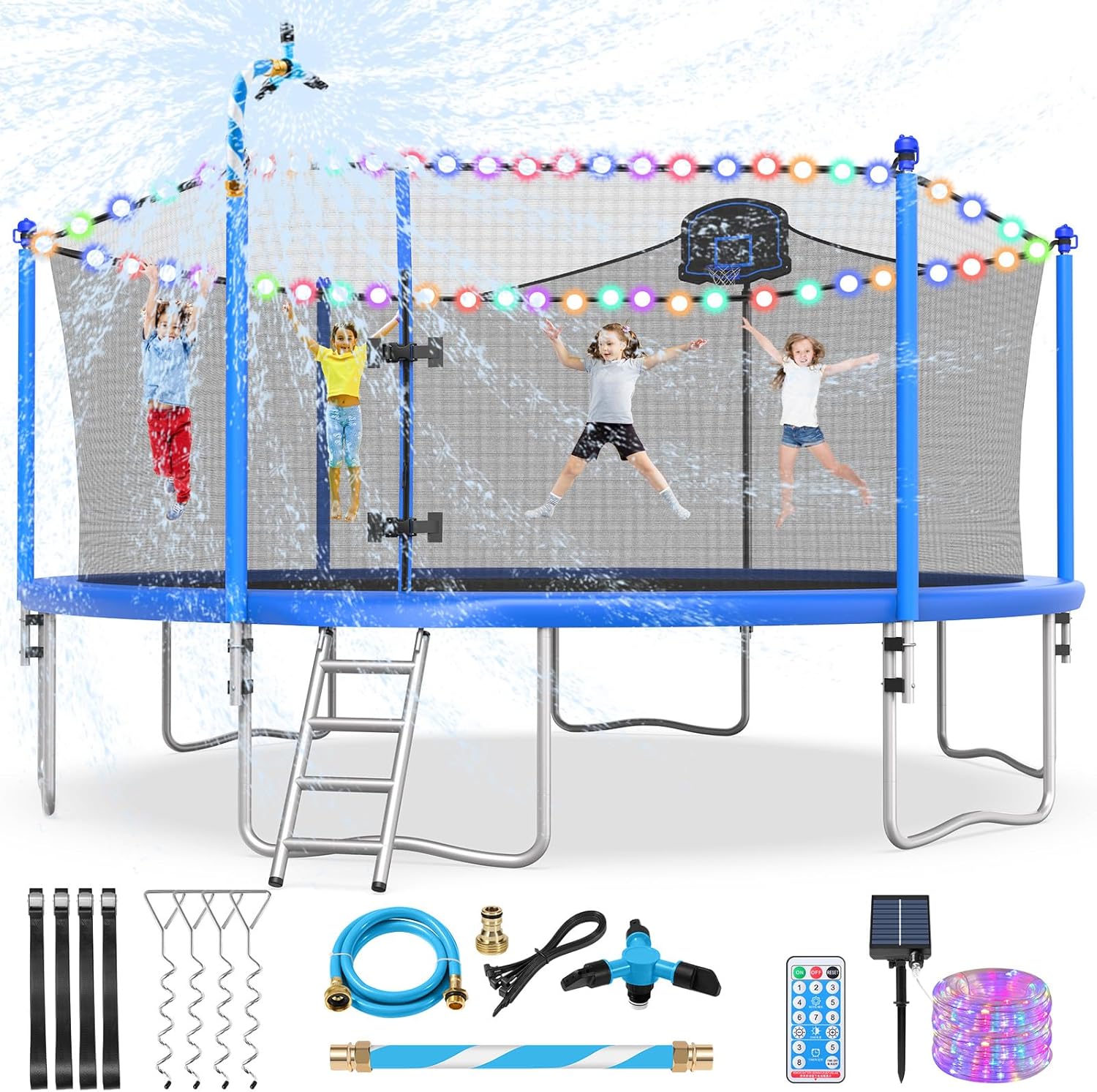 (Incomplete missing hardware)Lyromix Upgraded 10/12/14/15/16FT Trampoline with Light, Stakes, Sprinkler, Basketball Hoop and Net, Capacity for 4-6 Kids and Adults Classic Blue 16ft
