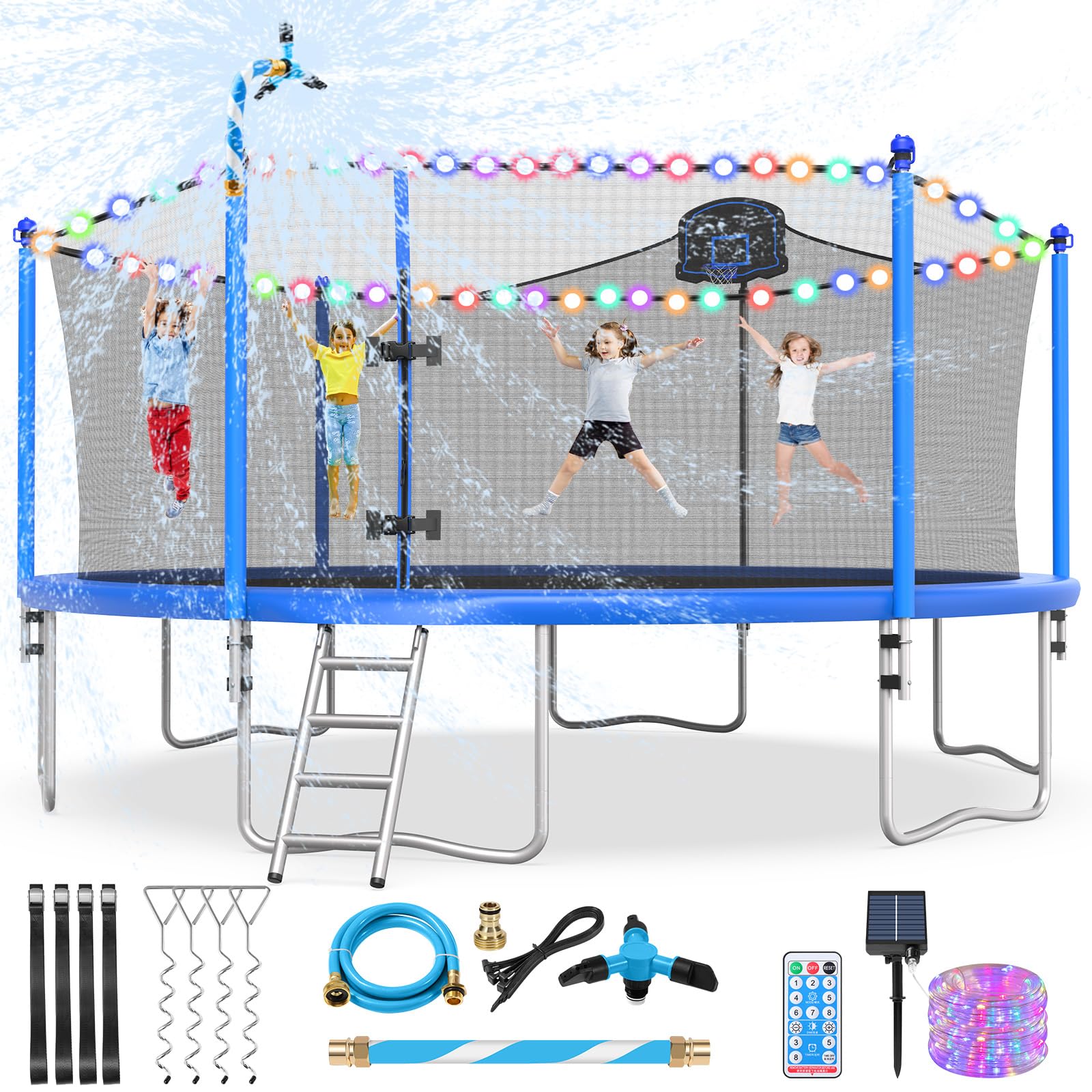 Photo 1 of Lyromix Upgraded 16FT Trampoline with Lights, Large Outdoor Trampoline with Sprinkler,Basketball Hoop and Net, Capacity for 5-8 Kids and Adults, Classic Blue (only additional parts)