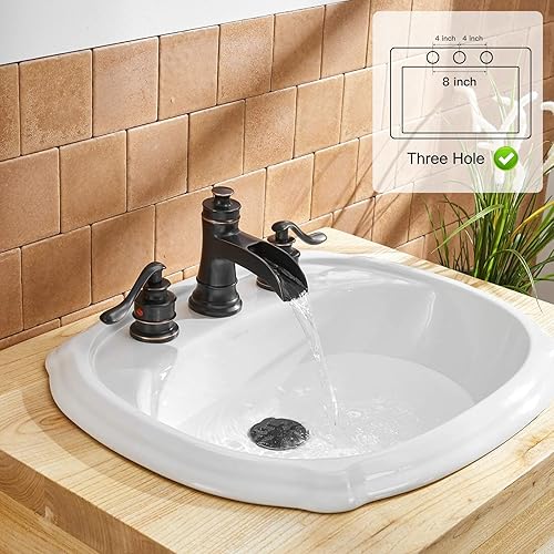 Miniatura 3 de BWE Grifo de baño generalizado de 3 agujeros de 8 pulgadas, bronce aceitado con cascada, conjunto de tapón de drenaje desplegable con desbordamiento