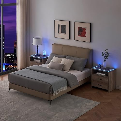 Miniatura 3 de GAOMON Mesita de noche gris con luces LED, moderna mesita de noche con 2 cajones de almacenamiento y almacenamiento abierto, mesa auxiliar para