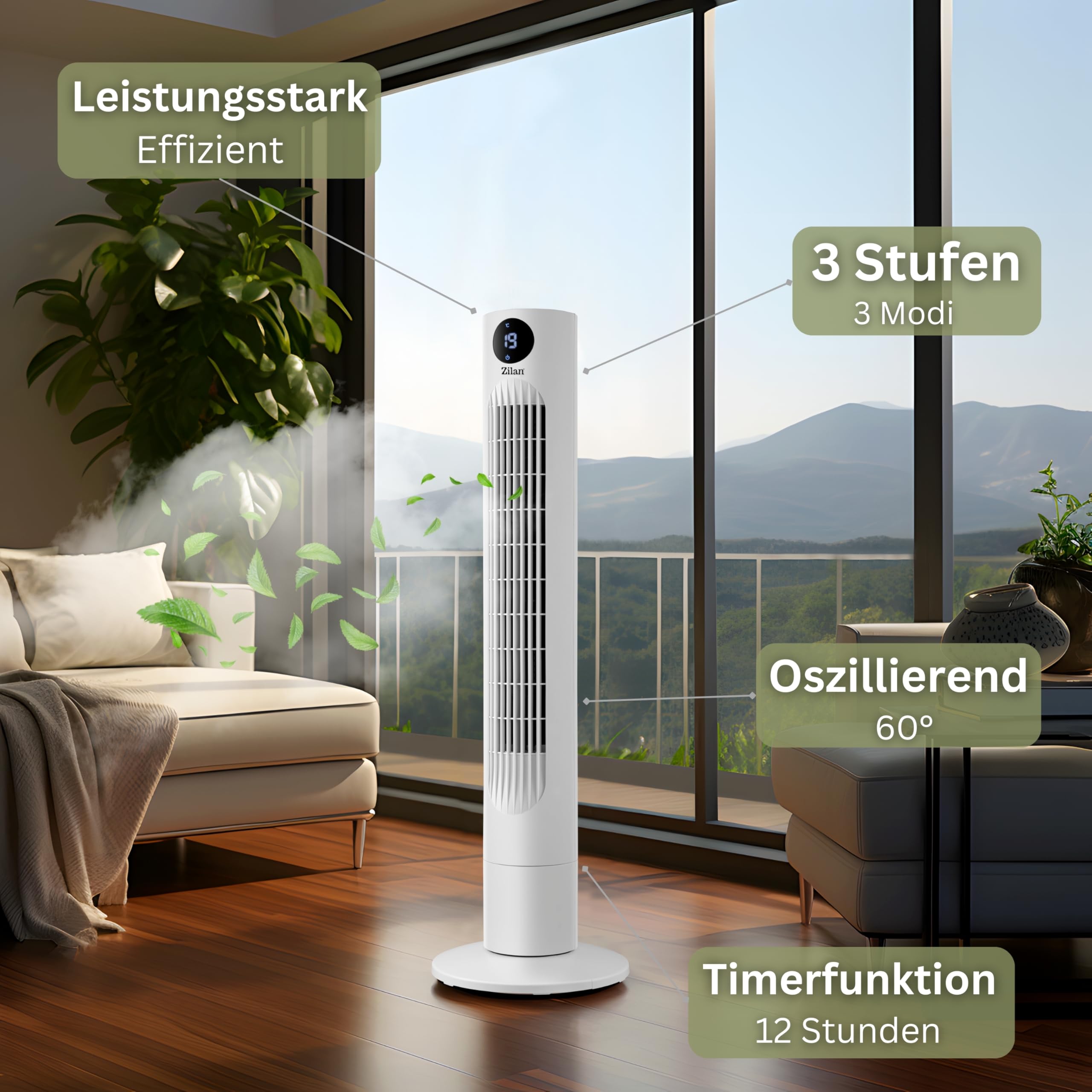 Zilan Turmventilator sehr leise mit Kühlung Standventilator energiesparend Säulenventilator mit Fernbedienung 3 Modi Ventilator Oszillierend 12h Timer LED-Display Tower Fan Aircooler Bodenventilator
