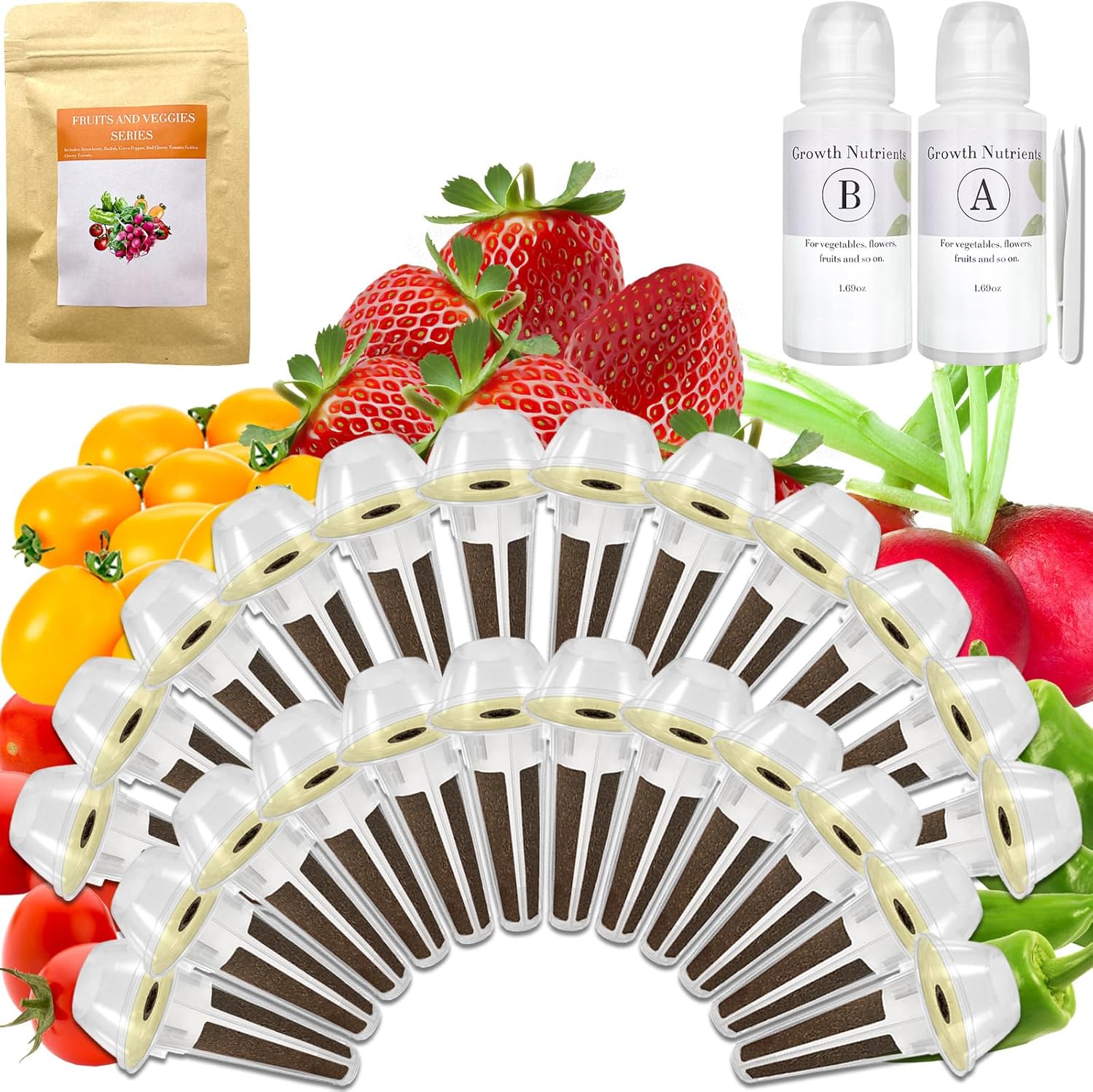 Strawberry Seed Pod Kit for AeroGarden, idoo, Ahopegarden with Red Strawberry, Radish, Green Pepper, Red HeirloomCherry Tomato, Golden Harvest Cherry Tomato - Compatible with All Hydroponics (24-Pod) fruit