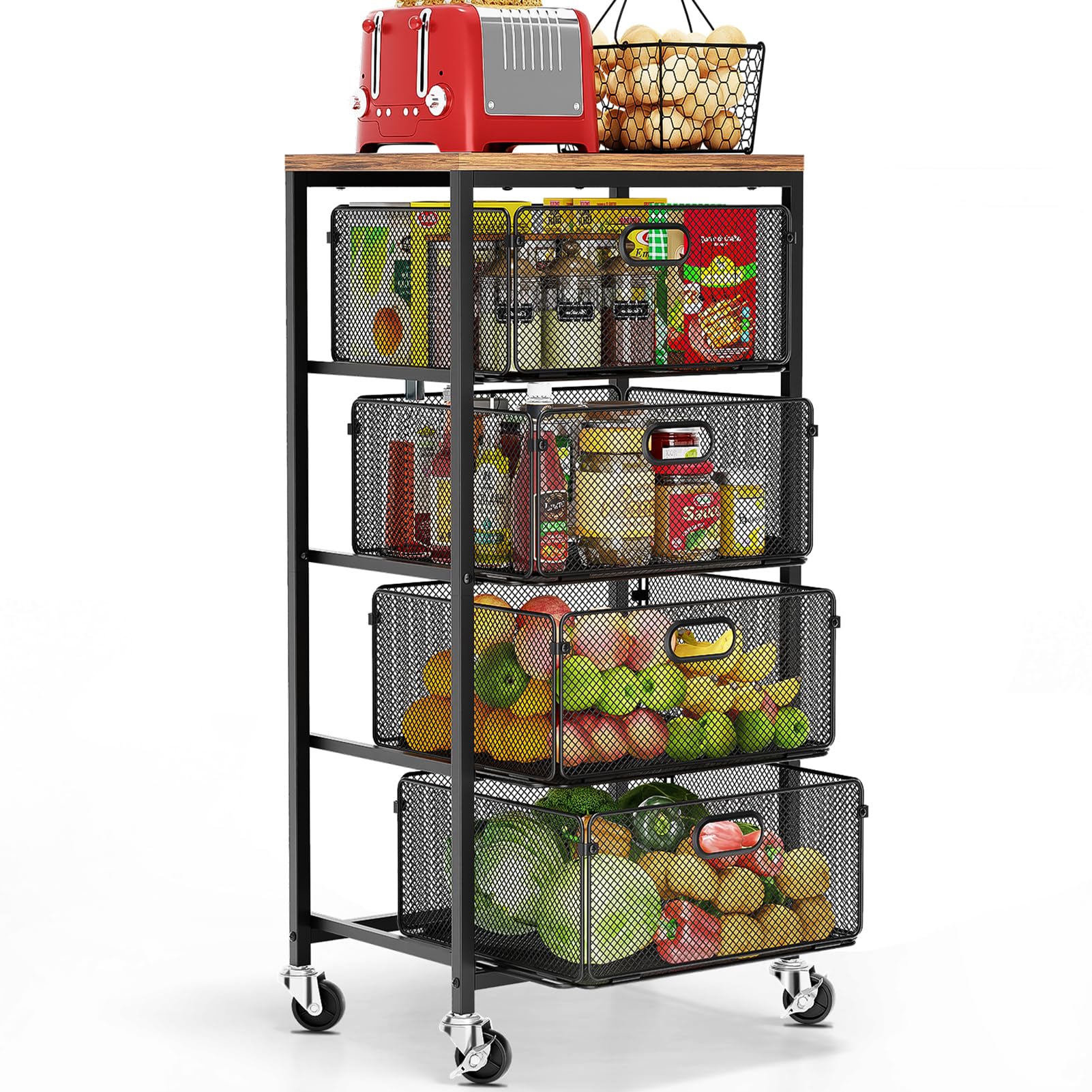 Photo 1 of [MISSING PARTS] Goovilla Kitchen Cart with Drawers, 4 Tier Metal Rolling Utility Cart Organizer on Lockable Wheels with Wooden Top, Black Fruit Vegetable Storage Rack Also for Cans, Snack, Craft, Art, Office, Beauty