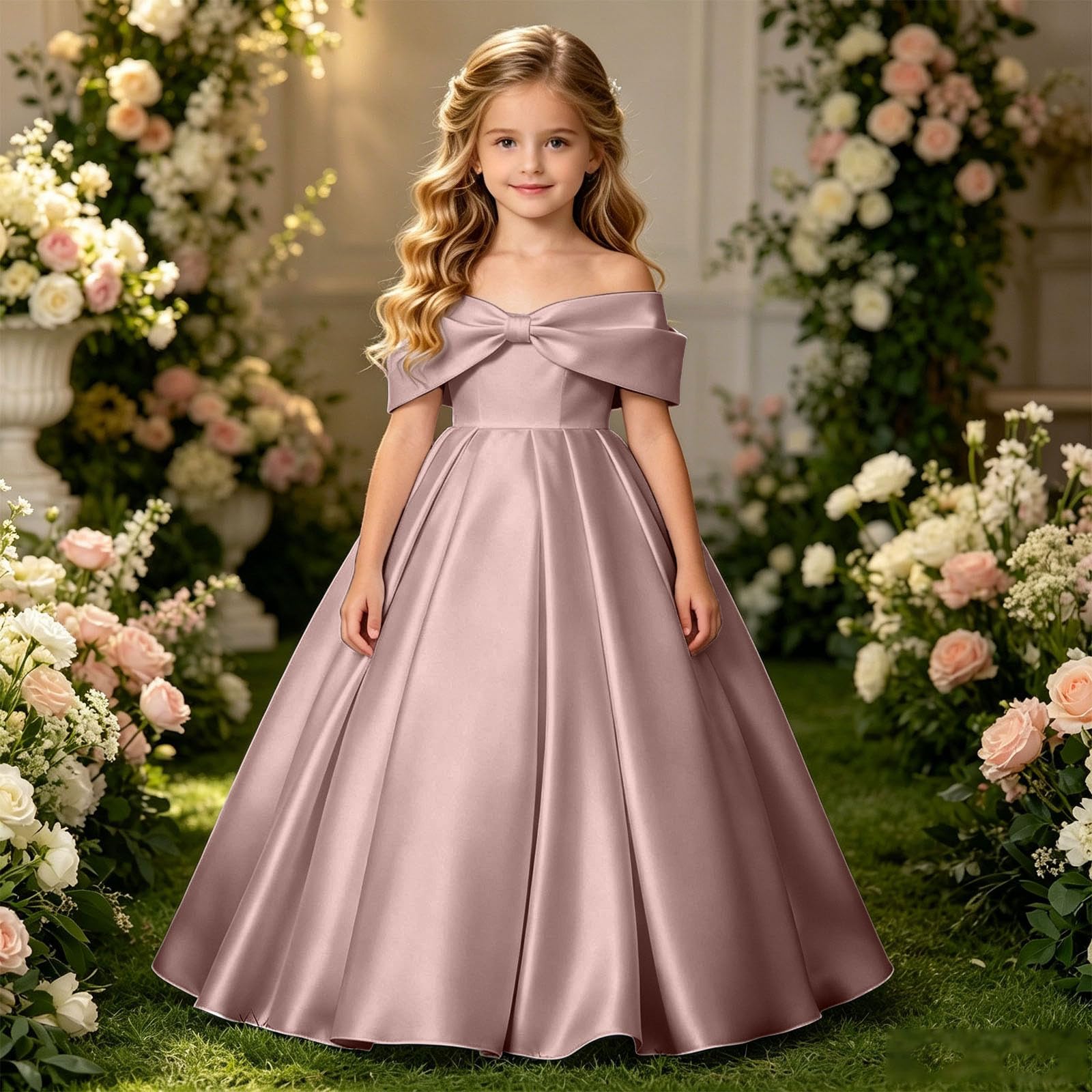 Vestido NiñA Elegantes, Vestido NiñA Ceremonia Lunares, Vestidos De Fiesta Largo hasta El Suelo Color Liso con Hombros Descubiertos Y Un Gran Lazo Mayores Dresses Summer Dress Dress Vestidos Verano
