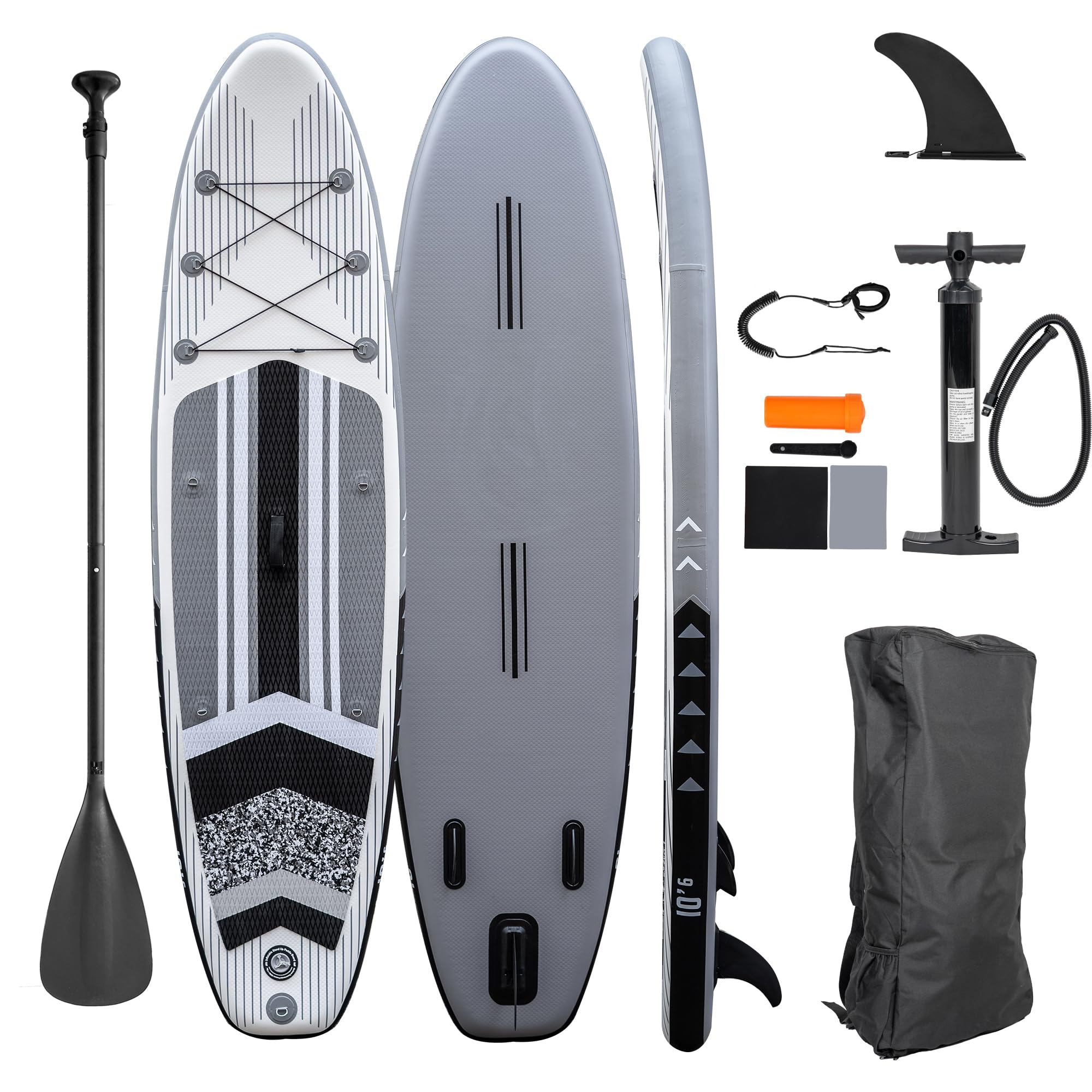 Stand Up Paddle Board e4fun, vari colori, 320 x 81 x 15 cm, gonfiabile, incl. pagaia, pompa, zaino, kit di riparazione (grigio)