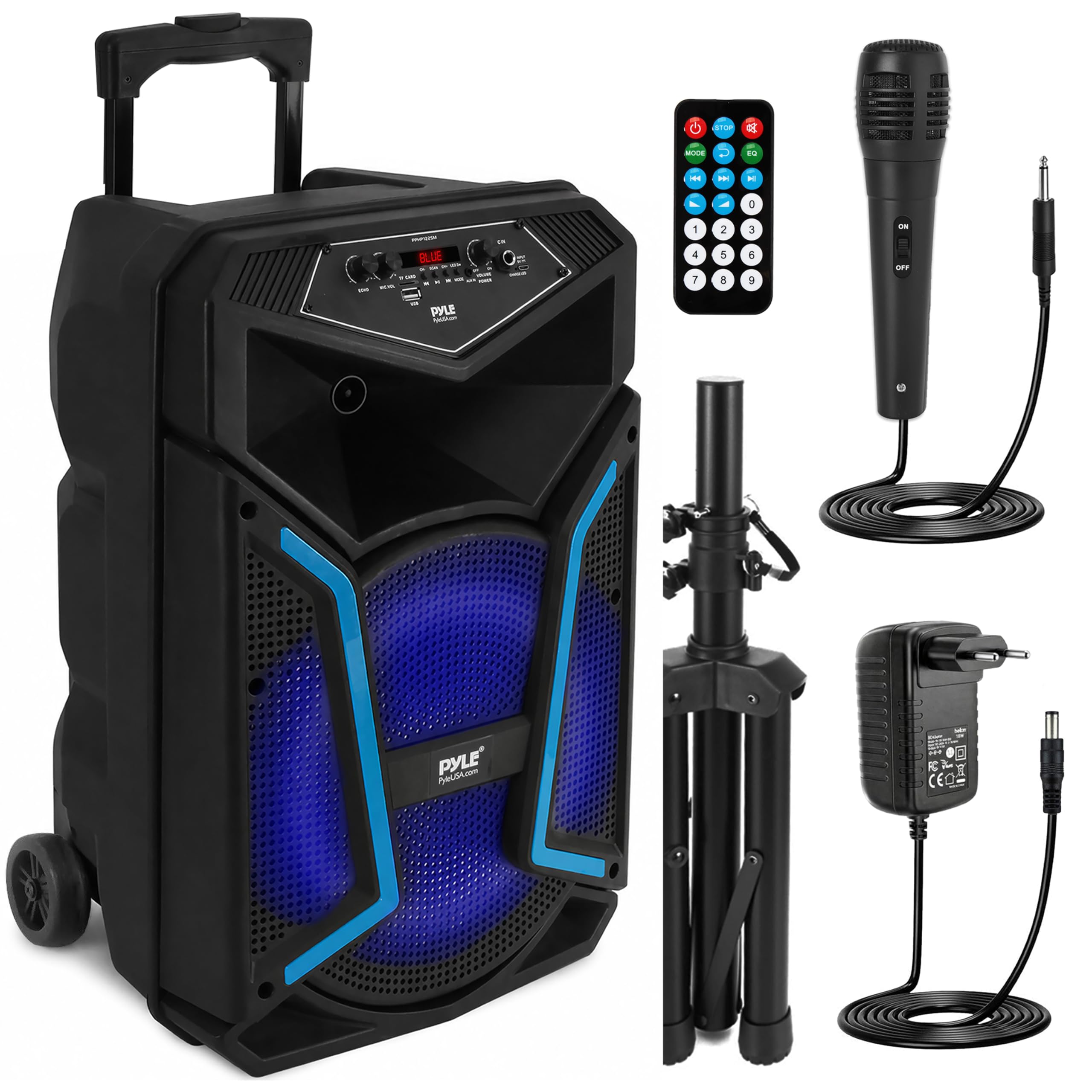 Pyle Partybox Bluetooth 12 Zoll 800W Lautsprecher – Leistungsstarke PA Anlage mit Akku, Mikrofon, LED Lichteffekte, USB, AUX, FM Radio, Rollen & Teleskopgriff