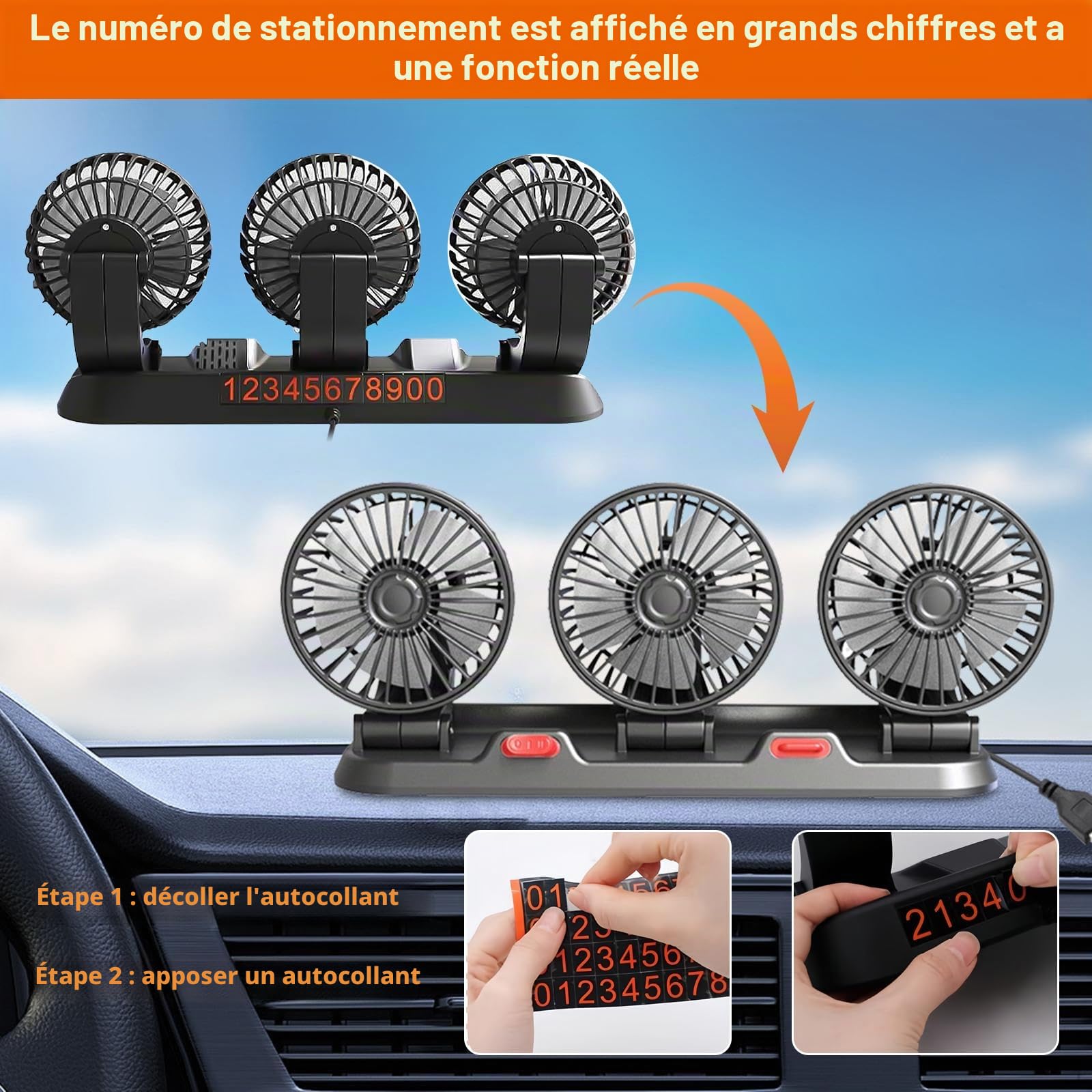Ventilateur de voiture 12 V/24 V - 3 têtes - Pour siège arrière - Rotation à 360 ° - Avec 2 vitesses - Pour camion, camionnette, SUV, camping-car, bateau