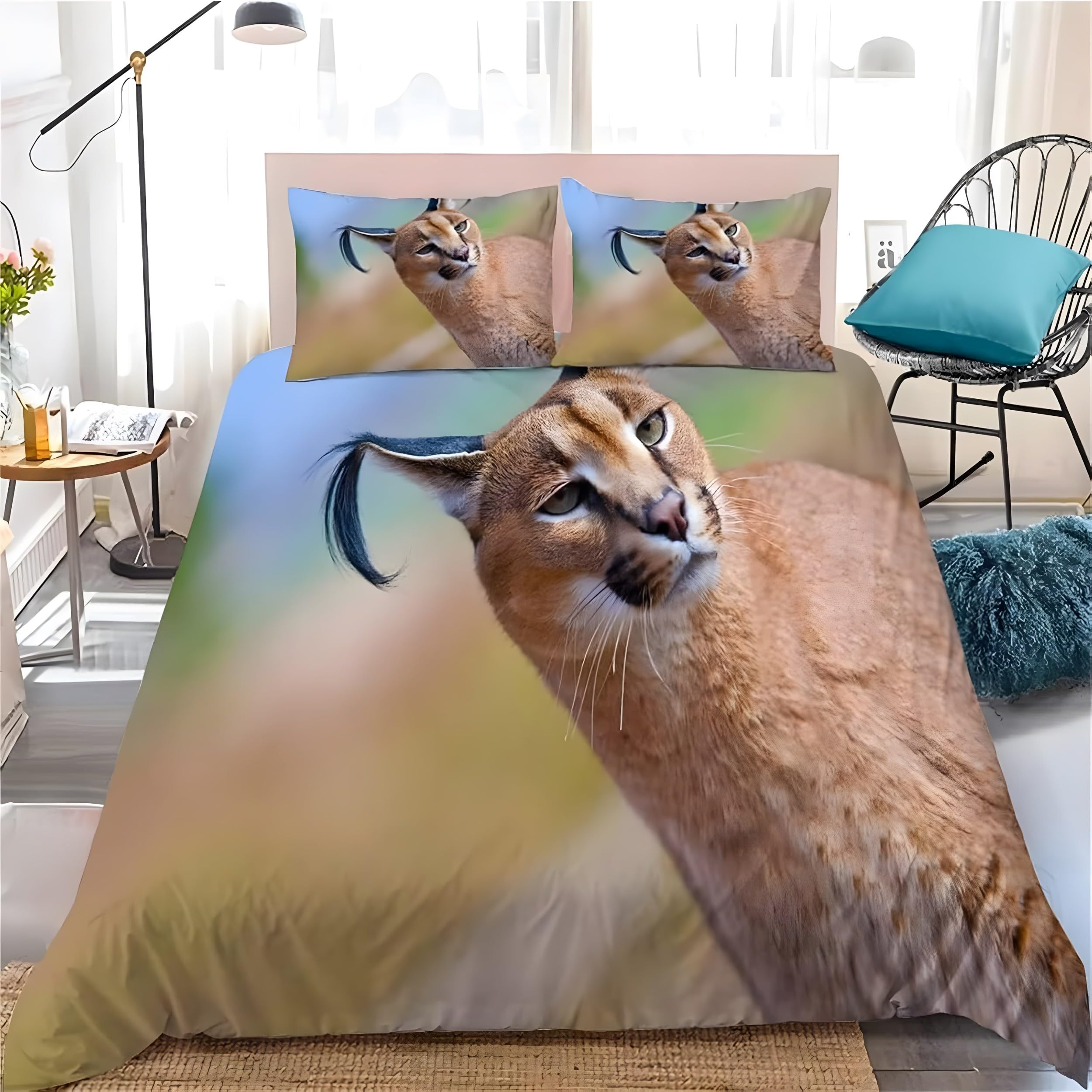 YZQGLHP Caracal Double Duvet Cover Wildlife Bedding Double Bed Set with Zipper Lightweight Microfibre Quilt Cover with 2 Pillowcases 50x75cm