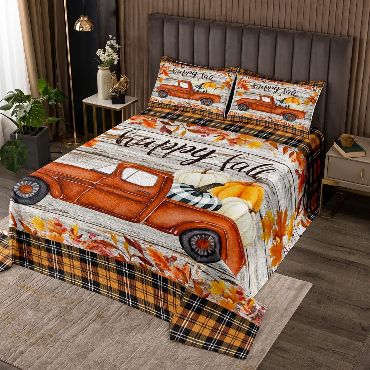 Happy Fall Pumpkin 3 Piece King Bedspread,Autumn Maple Leaves Truck Print Quilt Set for Children Adult Bedroom Gift,Plaid and Wooden Board Quilt Set with 2 Pillowcases, Soft Polyester Quilted