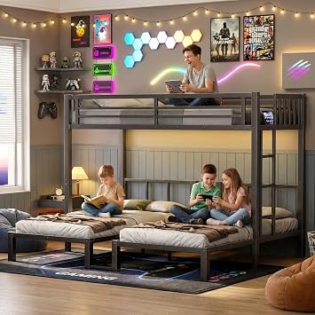 Triple Bunk Bed with LED Light ,Metal Heavy Duty 3 Bunk Beds for Kids with Charge Station & Storage Shelf, Convertible Three Bunk Beds for Girls Boys Teens,Can be Separated into 3 Beds , Black
