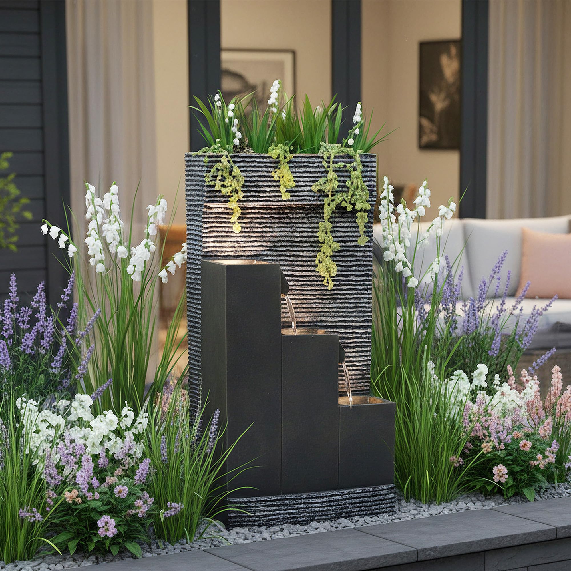 Arnusa BK845 Fuente de jardín con iluminación LED, Fuente de jardín con Lavabo Decorativo, Fuente de Interior, Fuente para Uso Interior y Exterior, Decoración de jardín