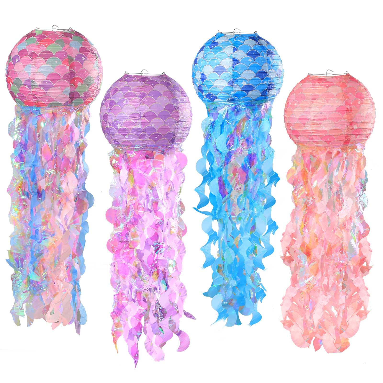 LELE LIFE 4 Pack Jellyfish Paper Lanterns, Shiny Mermaid Birthday Decorations Under The Sea Party Decorations for Ocean Themed Birthday Wedding Room Hanging Decorations