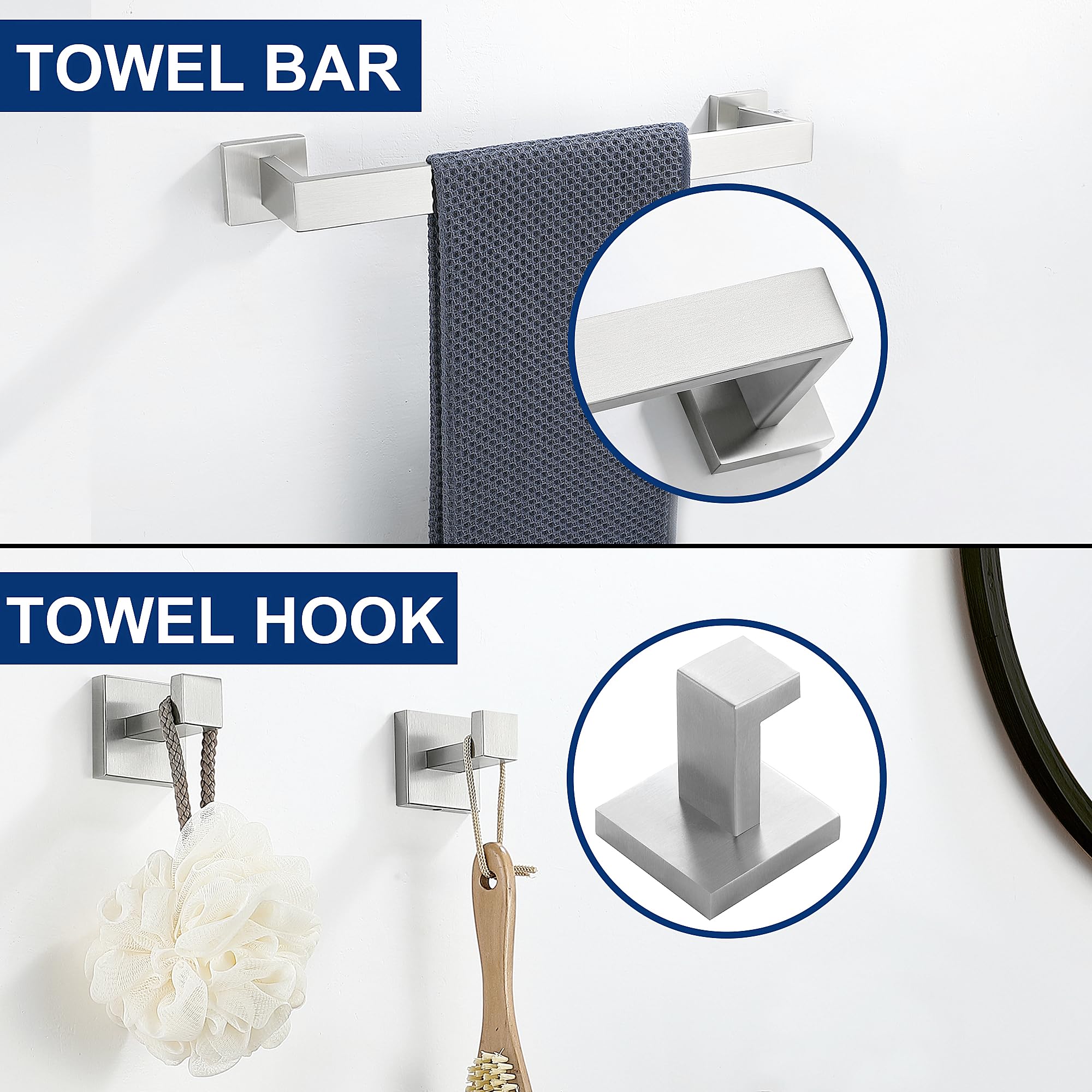 Juego de 5 accesorios de baño de níquel cepillado, juego de toalleros de baño de acero inoxidable SUS304, juego de toallero cuadrado resistente, montado en la pared