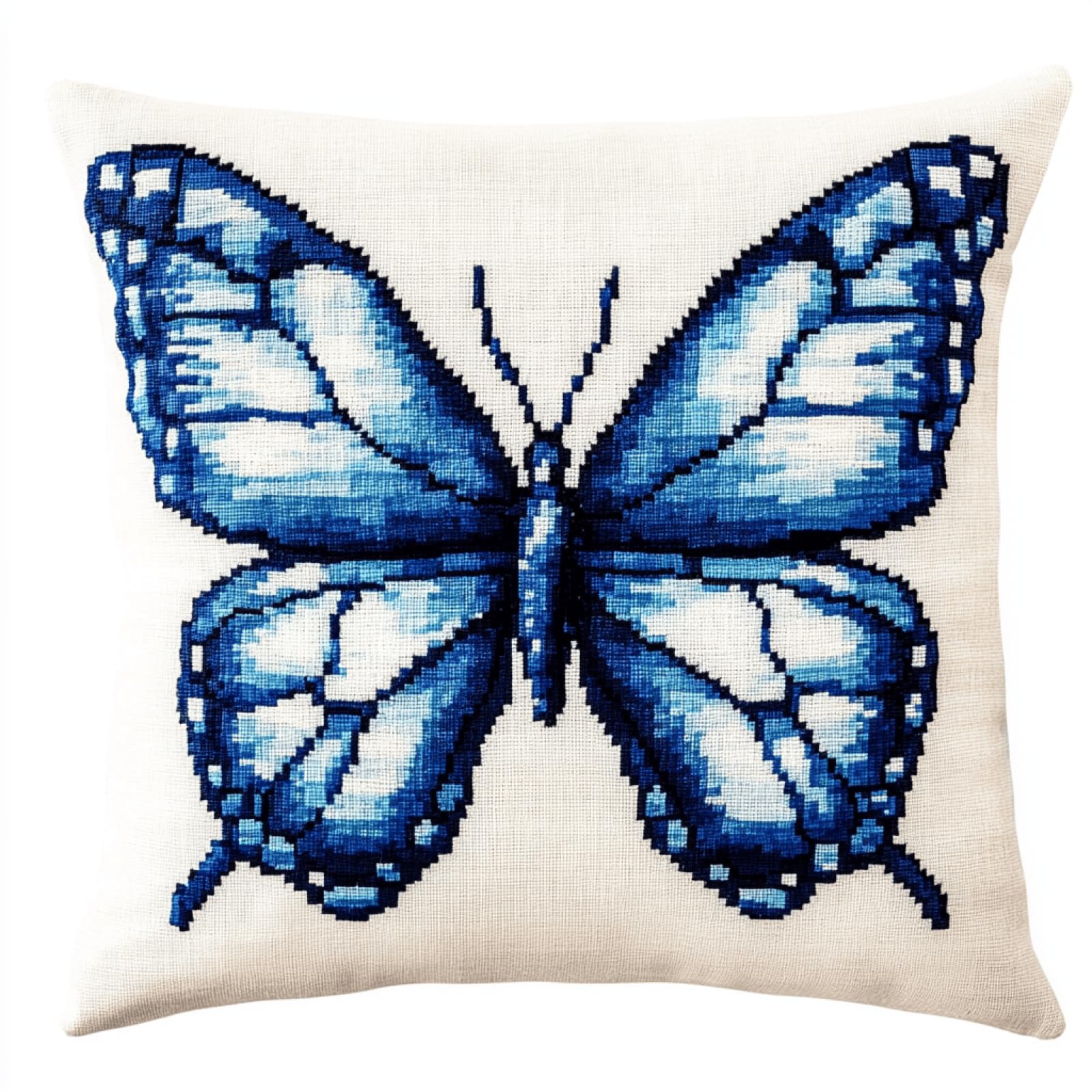 XDEGHUANGSS Latch Hook Cushion Kit Blue Butterfly Design DIY Latch Hook Pillow Cover,17x17 Inch Crochet Embroidery Carpet Needlework Set,Sofa Cushion Cover with Yarn,for Beginners & Home Decor