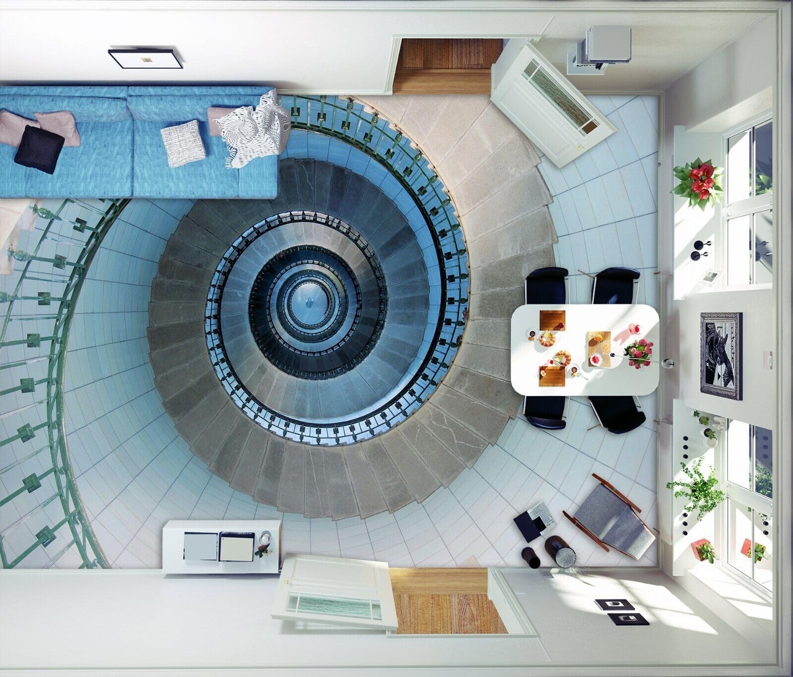 Cartel De Decoración De Piso Murales de papel pintado para suelo de escaleras azules 3D, 250 * 175 cm Murales Pegatinas Cuarto de baño Vinilo autoadhesivo Papel tapiz