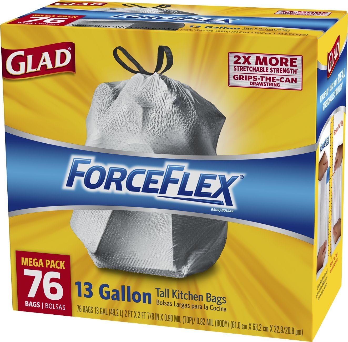 Glad ForceFlex Tall Kitchen Drawstring Trash Bags - Unscented - 13 Gallon - 76 count (Packaging May Vary)