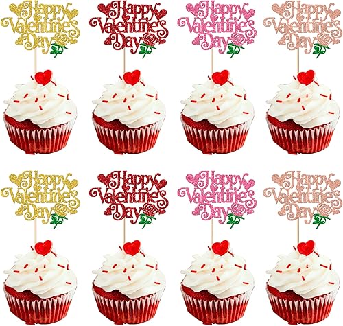 Miniatura 1 de Paquete de 24 adornos para cupcakes para el día de San Valentín con purpurina de rosa y corazón dulce para cupcakes para feliz día de San Valentín,