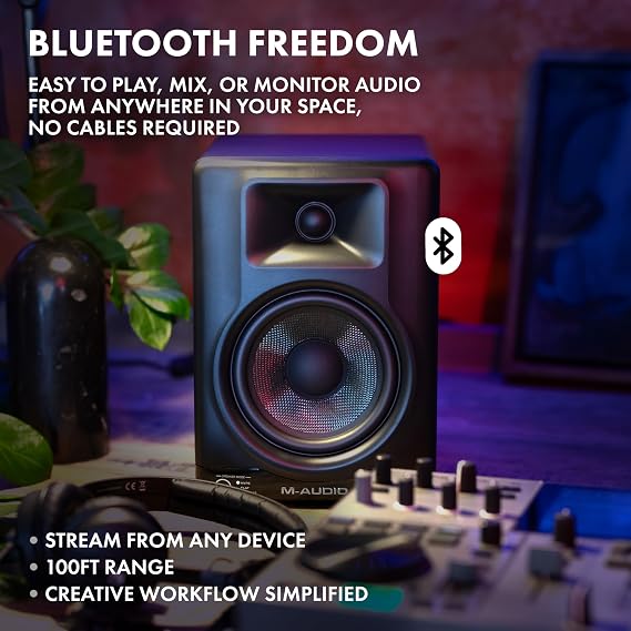 M-AUDIO BX5BT Pair 5-inch Desktop Studio Monitor Speakers with DSP and Bluetooth with App Control, for Music Production, Video Edits, Content Creation, Podcasting
