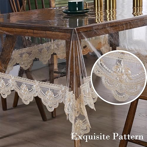 Miniatura 4 de Mantel rectangular de plástico transparente, de vinilo, impermeable, bordado, borde de encaje, para comedor, cocina al aire libre (60 x 118