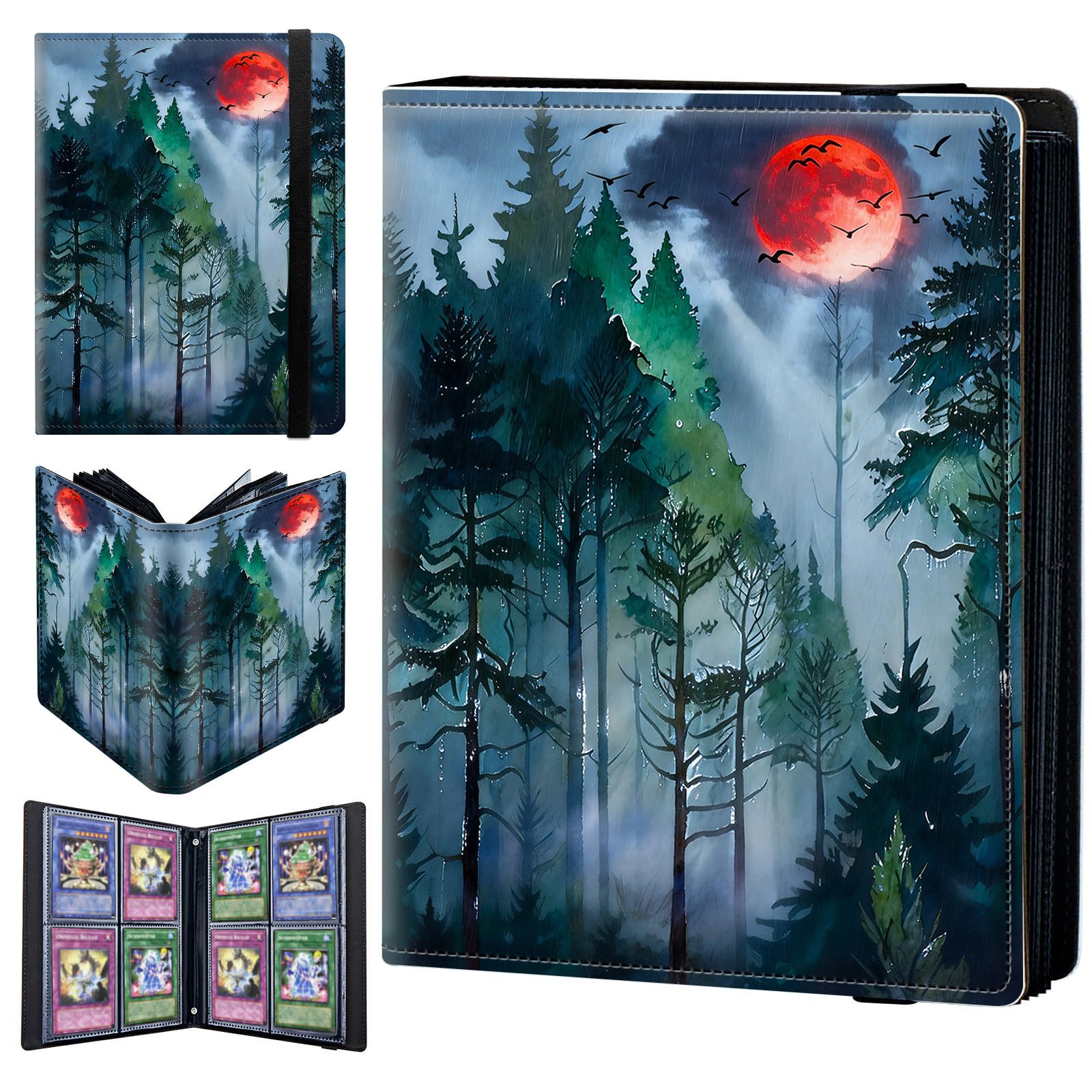 4 Pocket Trading Card Binder 400 Side Loading Pocket Album with Watercolor Green Forest Pattern Design Card Binder for Sports Cards & Game Cards