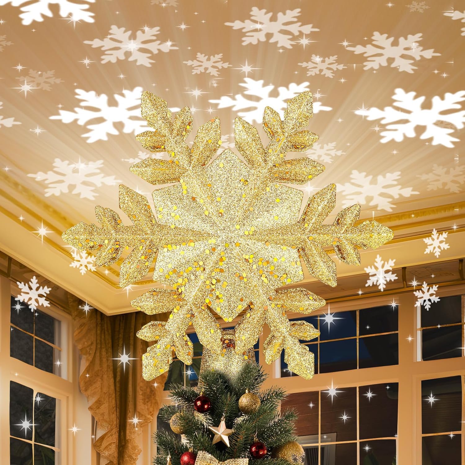 Christmas Tree Topper Lighted with 6 Projection Slides, PliMook Snowflake Christmas Tree Topper LED Rotating 3D Lighted Tree Toppers Glitter Tree Topper Projector for Christmas Tree(Gold)