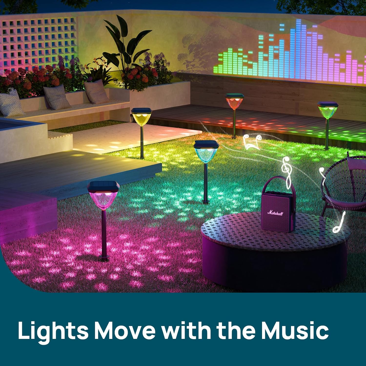 Linkind Smart Solar Pathway Lights synchronized to music in an outdoor patio setting.