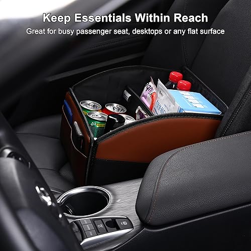 Miniatura 3 de Organizador de cuero para asiento de automóvil, caja de almacenamiento plegable para asiento delantero, asientos traseros y piso, divisor extraíble,