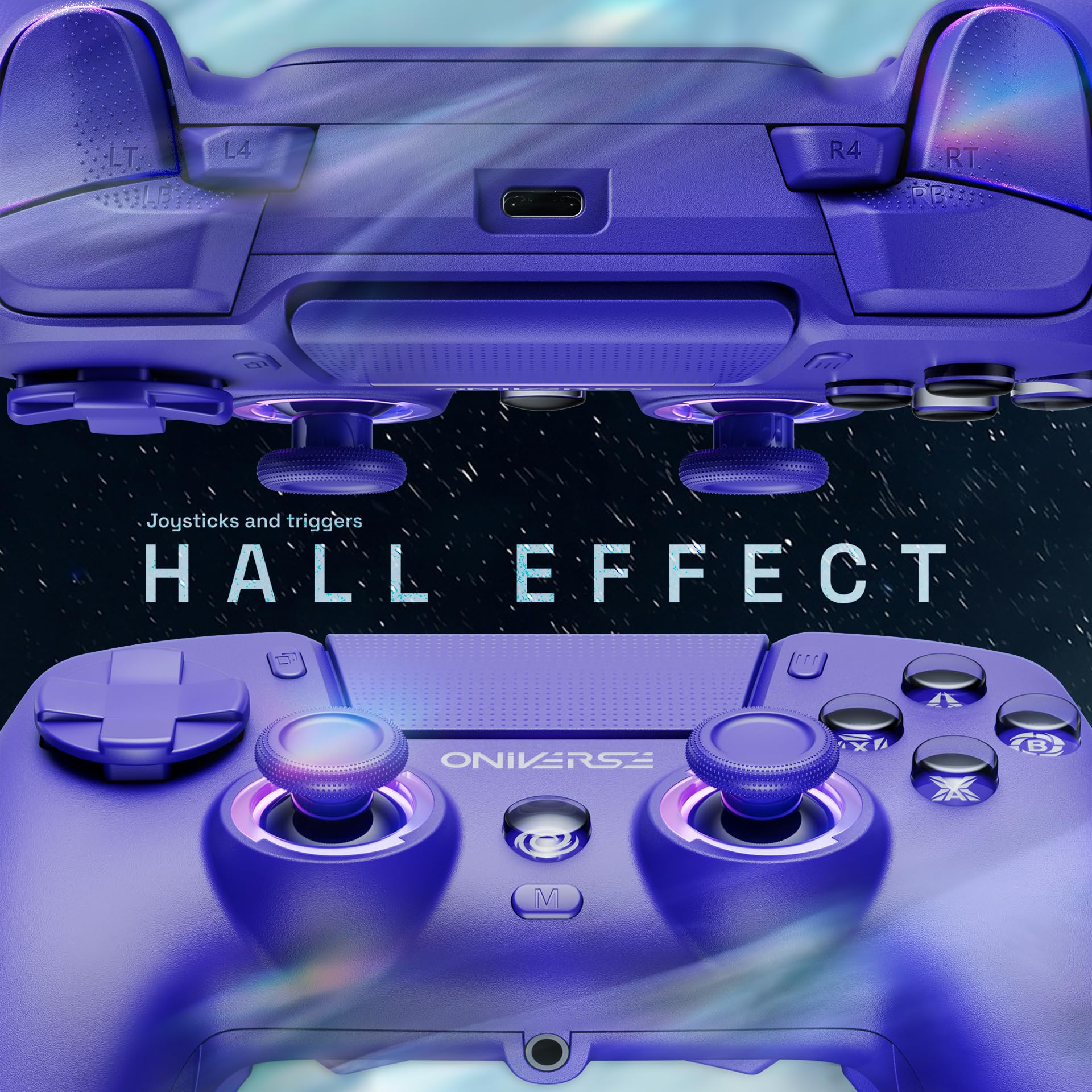 Oniverse Controller wireless per PS5/PC/Steam Deck - Starion - Joystick e grilletti Hall Effect, Palette macro programmabili, Grilletti L4/R4, Touchpad, Anti-Drift, Bluetooth/USB-C - Purple