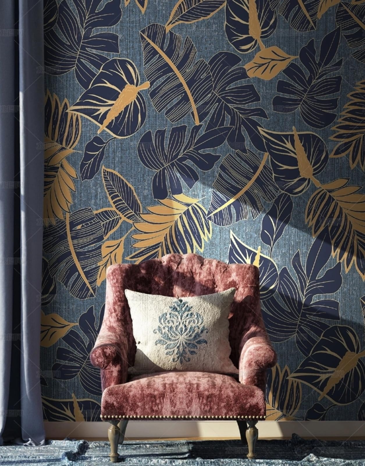 Papier peint autocollant à motifs feuilles bleues en vinyle pour meuble et mur de salon, 45x600cm