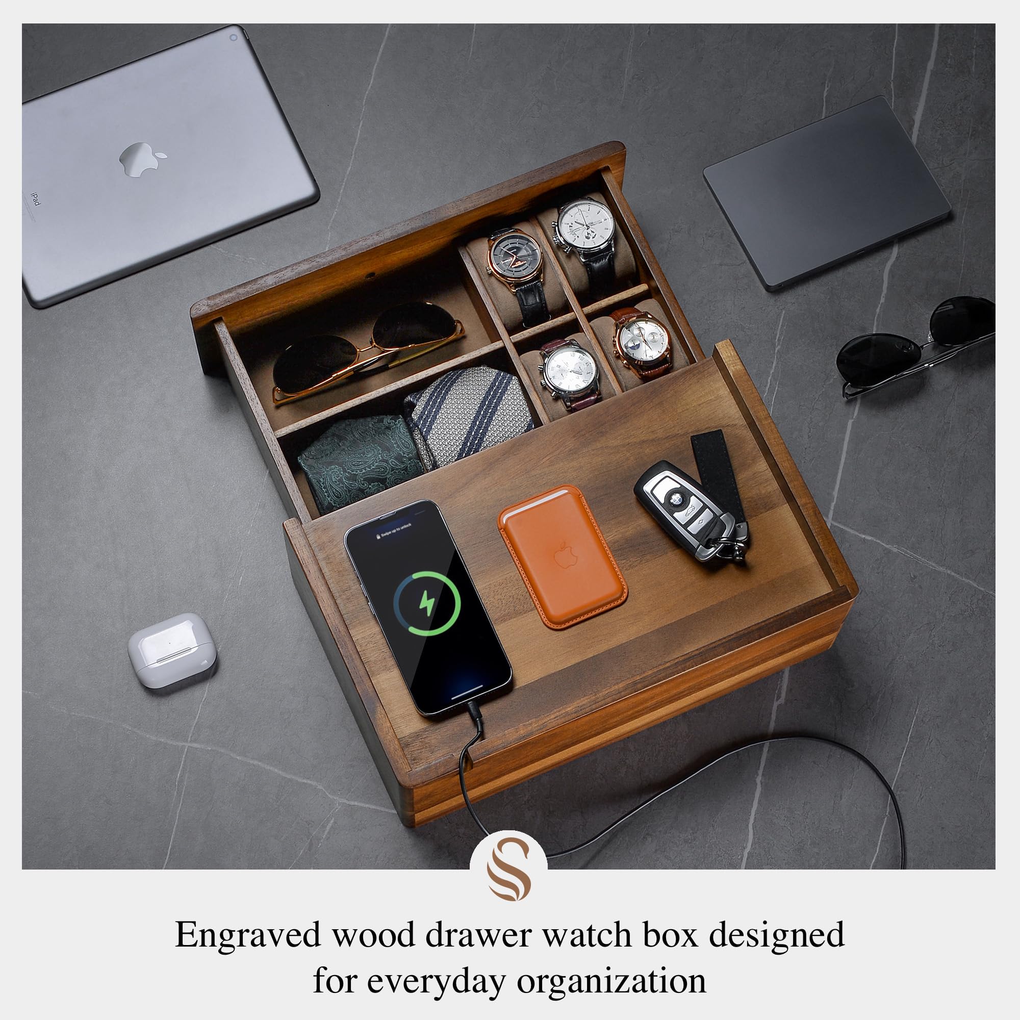 Shanik Docking Station Organizer - Versatile Multi-Purpose Organizer with Charging Station - Elegant Wood Docking for Electronics, Office Supplies, Cosmetics, and Keys