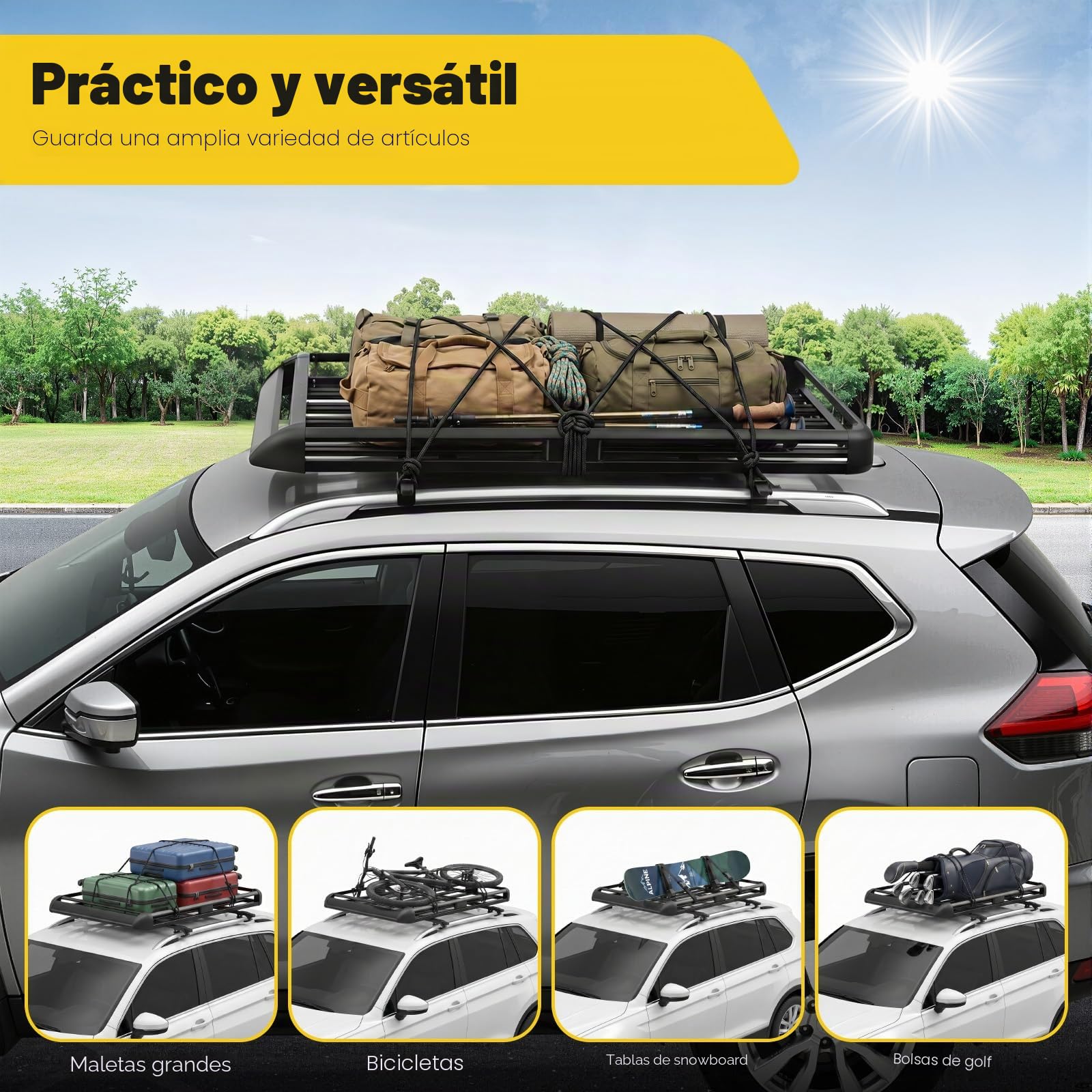 Portaequipajes para Coche, Baca de Techo para SUV, Máx 150Kg, Baca de Techo Universal, Cesta de Transporte de Acero y Aluminio, Portaequipajes Ajustable 100-135Cm para Viaje y Camping