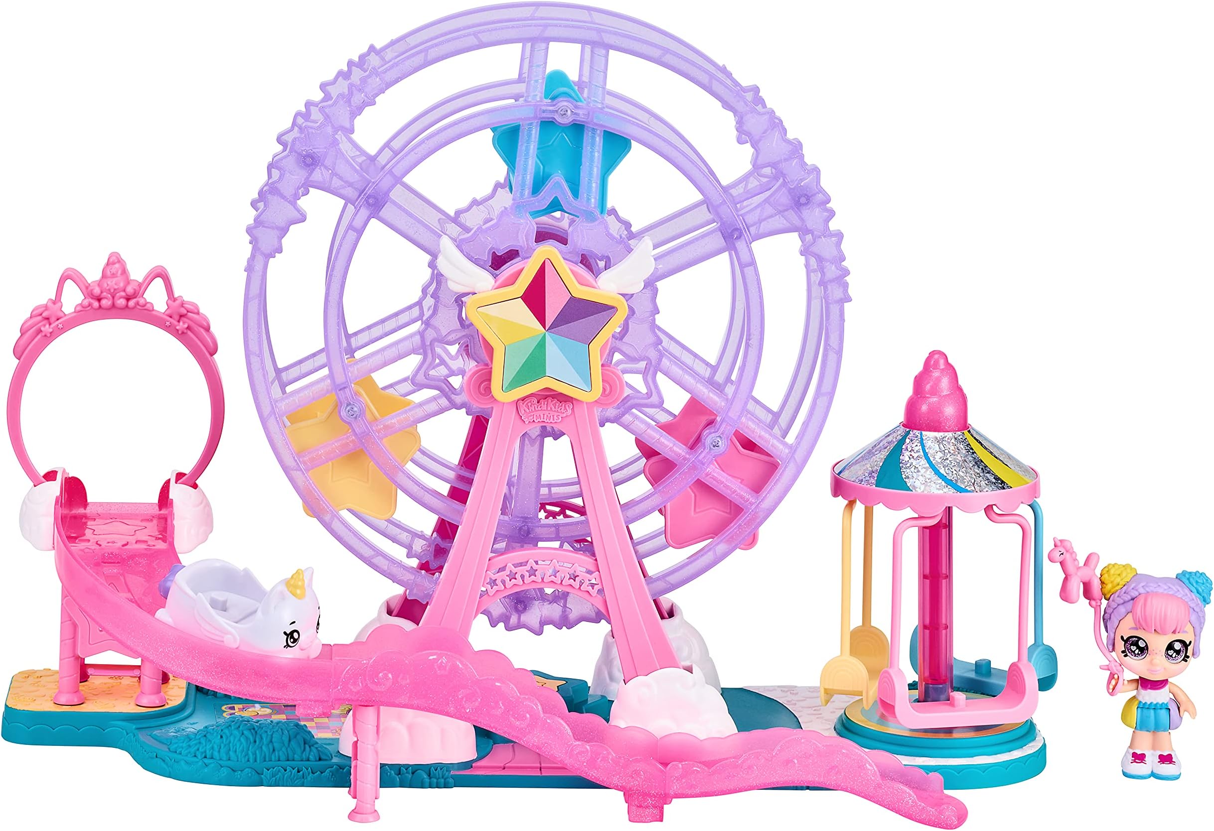 Kindi Kids Minis Collectable Ferris Wheel Carnival Playset and Rainbow Kate Posable Bobble Head Figure