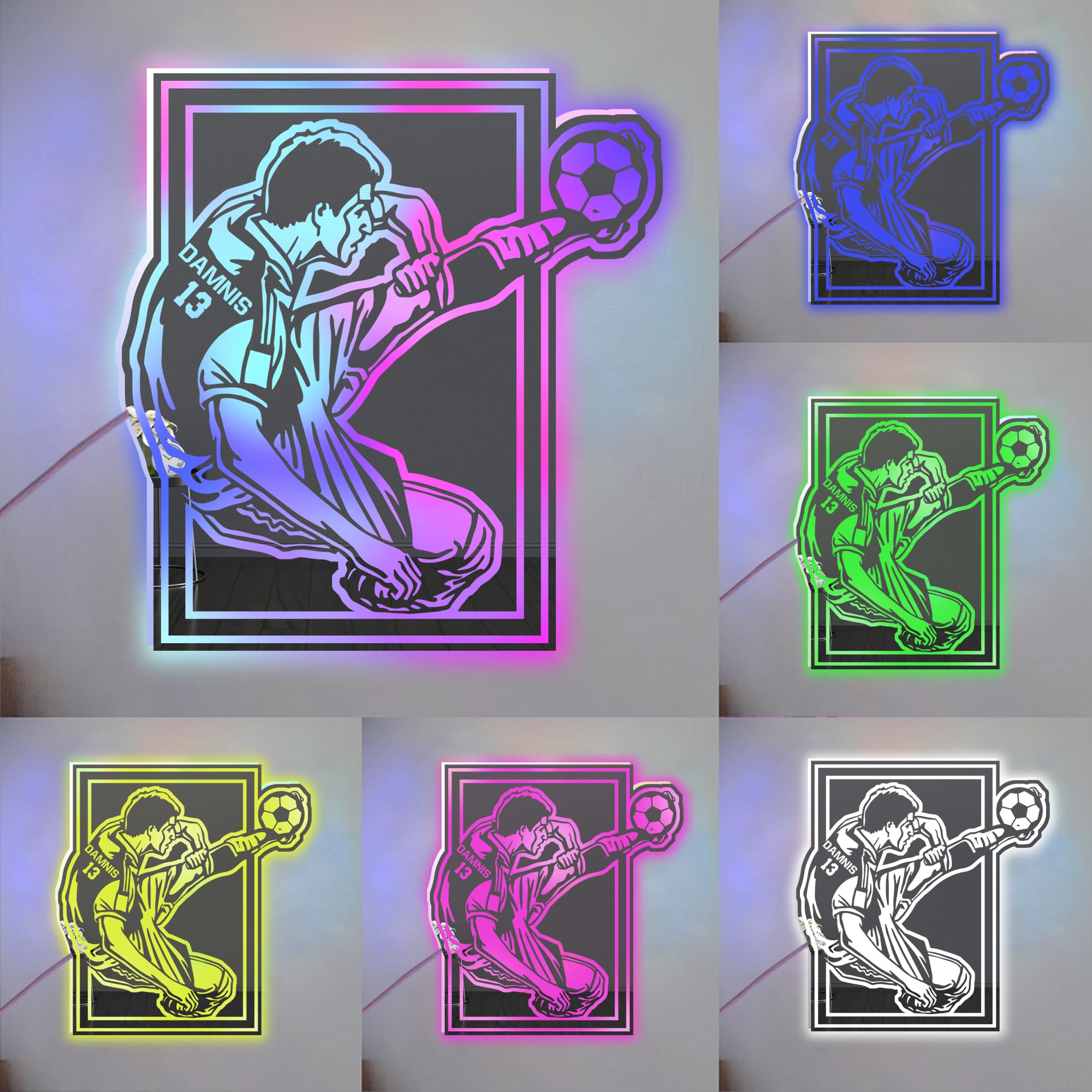 LALILIESS Personalized Soccer Mirror Led Light, Custom Name & Number Football Player Acrylic Mirror Neon Sign, Birthday Football Sports Wall Art Bedroom Decor Gift for Boys Girls Kids Soccer Lover