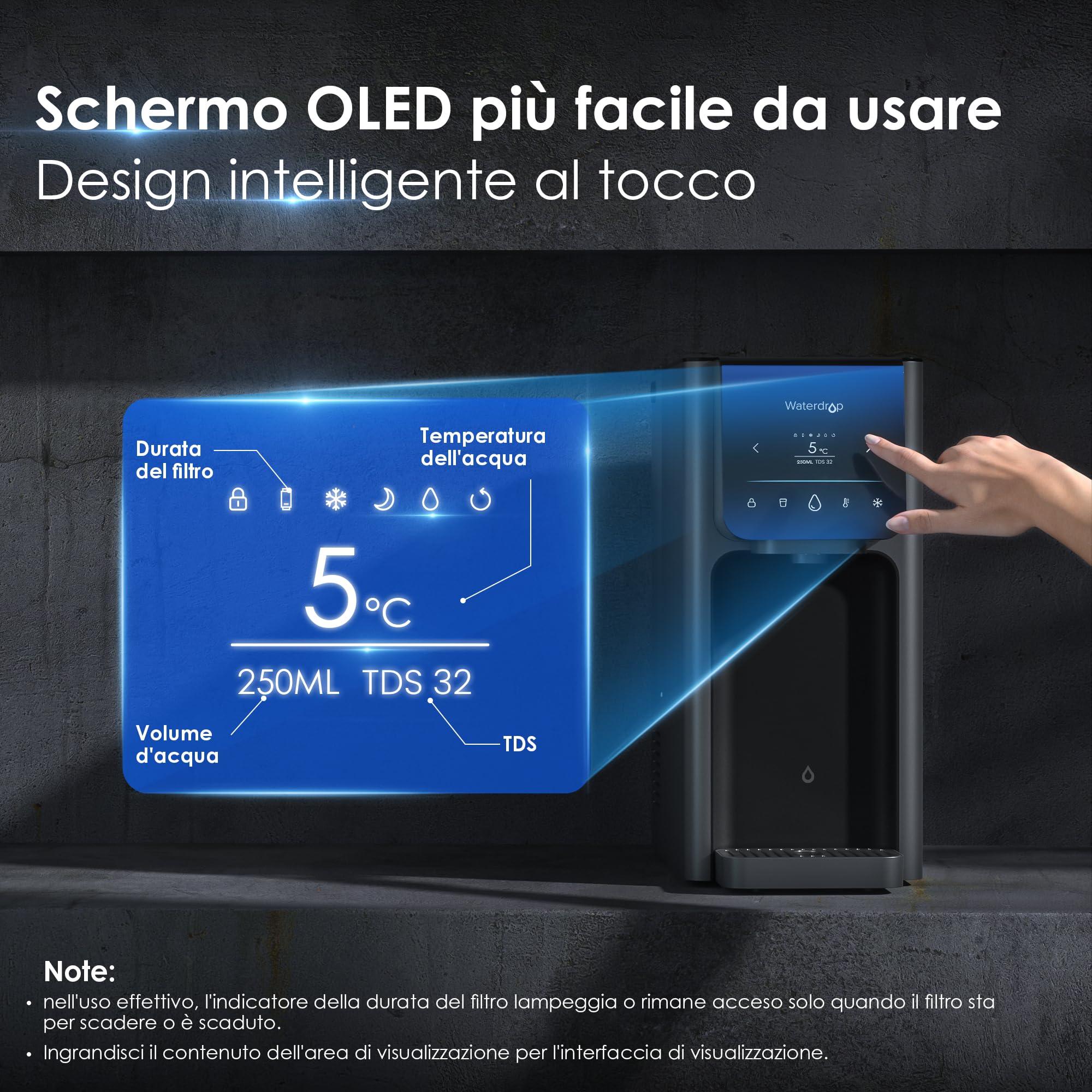 Waterdrop WD-A1 Osmosi Inversa Sistema da Banco, Erogatore di Acqua Calda e Fredda, Standard NSF/ANSI 58, Refrigeratore d'Acqua Senza Bottiglia, 6 Impostazioni di Temperatura