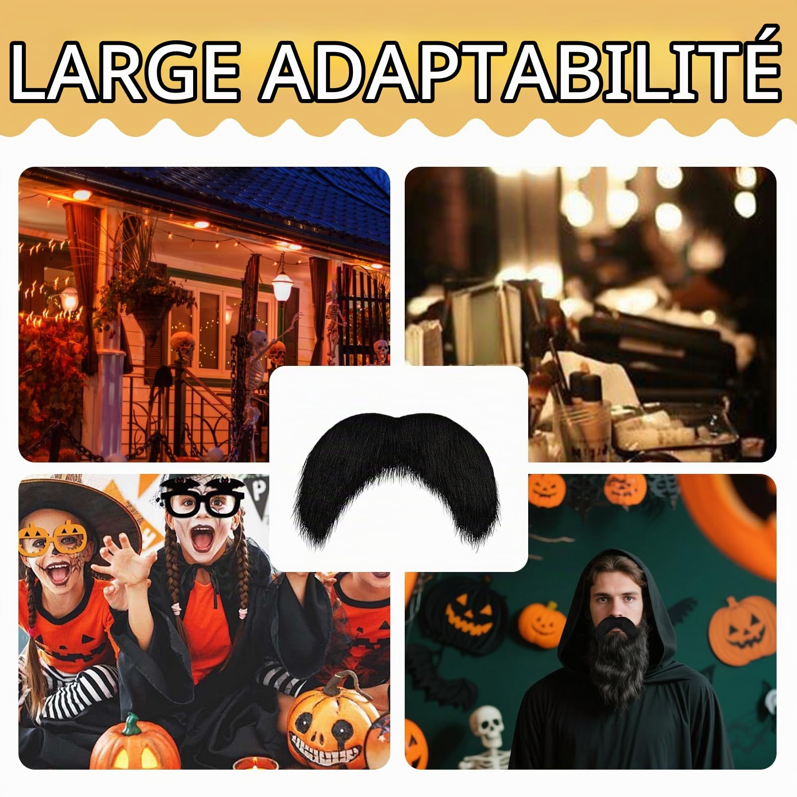 Moustache Autocollante Fausse Barbe Noir Lot De 4 pour Deguisement Homme Cosplay Maquillage Halloween Soirée Déguisée Accessoires Festifs Rôle Ancien Adulte