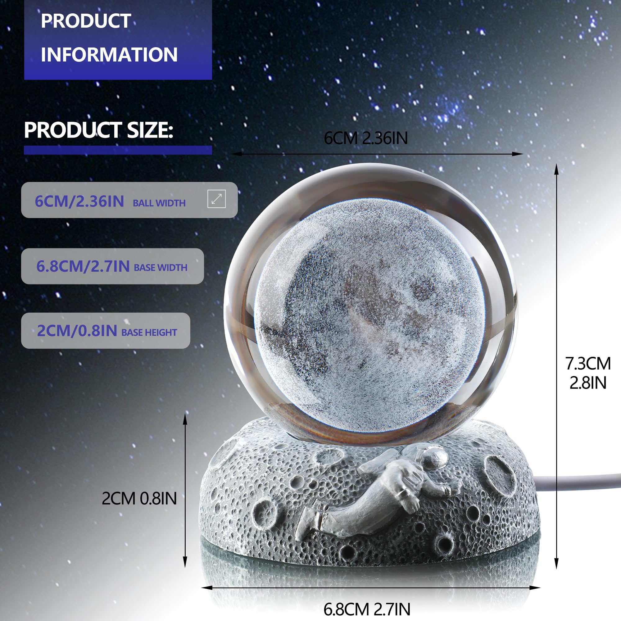ZEERSHEE 3D Moon Crystal Ball with LED Stand Glow Resin Base 60mm Glass Ball Night Lamp Indoor Figurine Lamps for Home Decor (Only USB Power)
