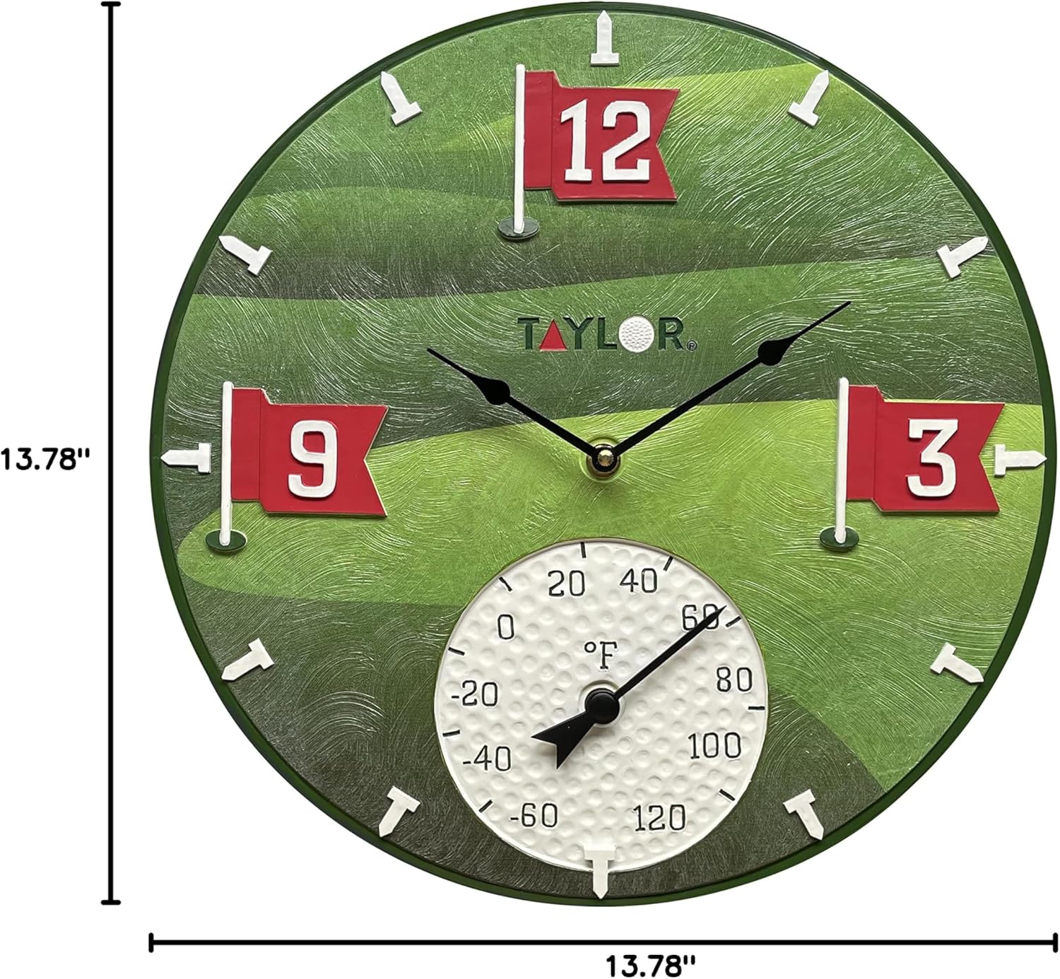 Taylor Tee Time Poly Resin Indoor and Outdoor Clock and Thermometer, Home Decor for Garden, Patio, Pool, and Indoor Areas, 14-inch, Green