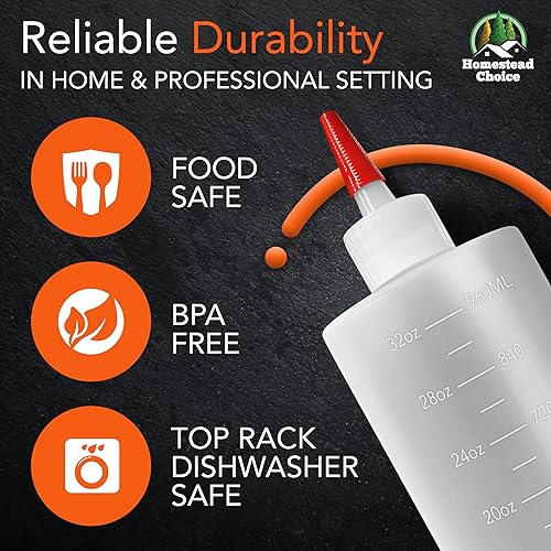 Miniatura 10 de Paquete de 3 botellas de plástico para salsas, botellas exprimibles de condimentos de 32 onzas para líquidos, botella de chorro sin BPA con tapa,