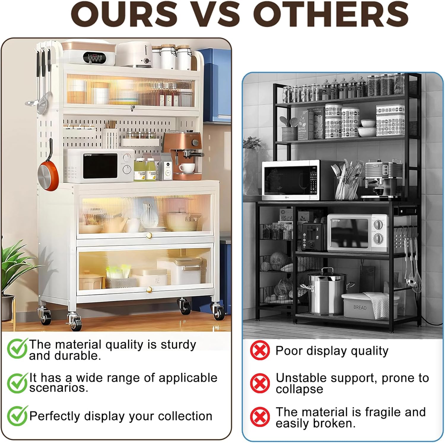 63" Bakers Rack, 5 Tier Kitchens Storage Cabinets for Kitchens with Clear Doors and Adjustable Shelves, Microwave Stand Tall Countertop Storage Sideboard for Pantry, Spices, Pots and Pans (White)