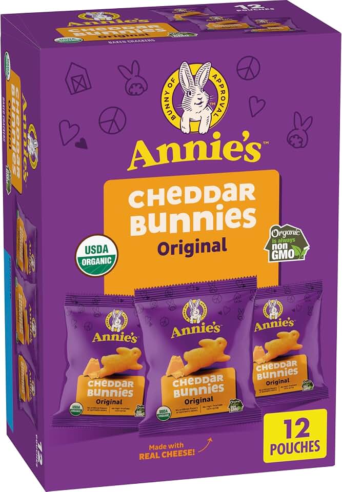 Annie's Organic Cheddar Bunnies Baked Snack Crackers, 12 oz., 12 Pouches | Crunchy Cheddar Crackers, No Artificial Flavors or Synthetic Colors, Individual Pouches Are Great for Lunchboxes USDA Organic