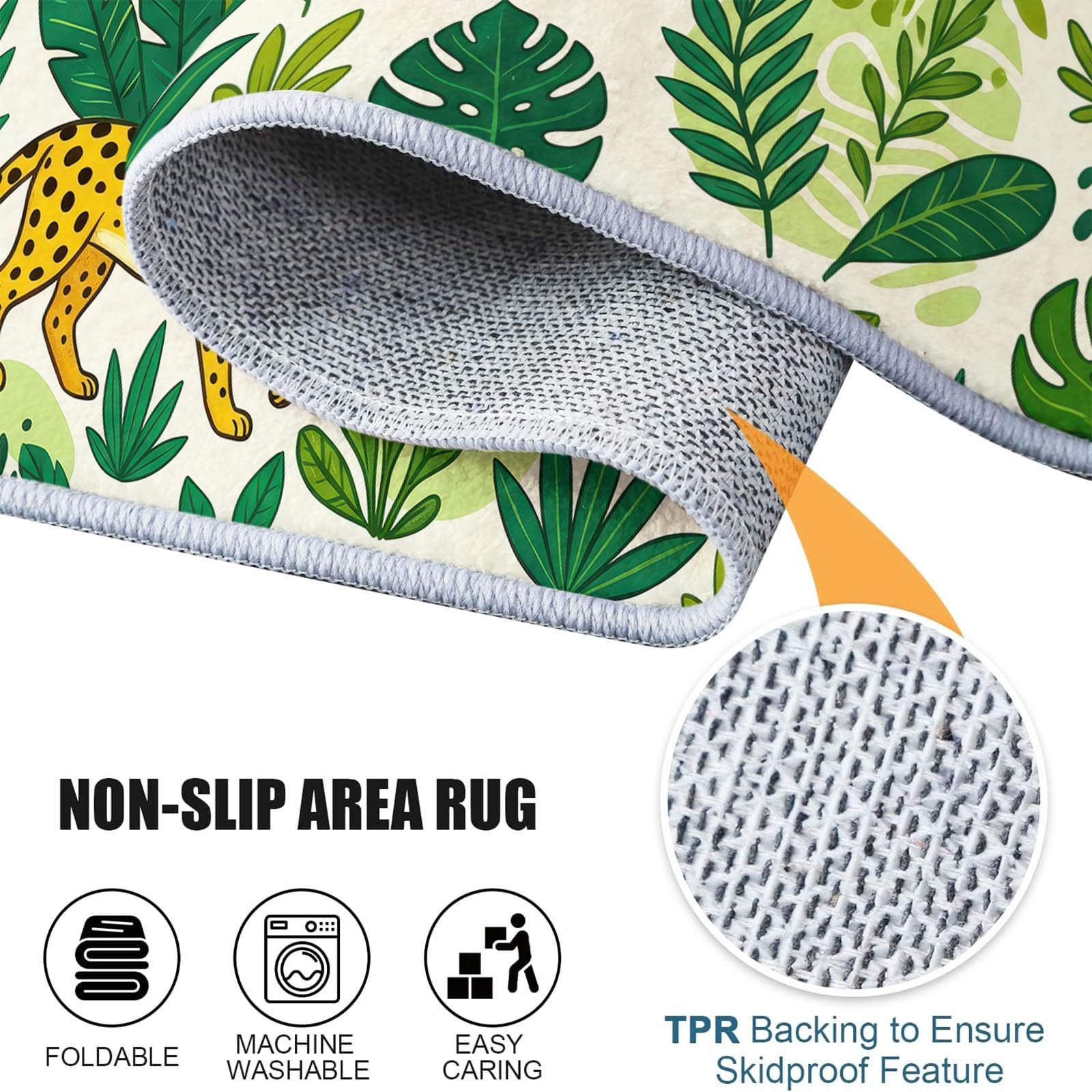 Tropisch Cartoon Leopard Monstera Farnblätter Waschbarer Schlafzimmer Teppich 120 x 170 cm - abwaschbar rutschfest Weich - Teppich für Wohnzimmer Esszimmer Büro Kinderzimmer