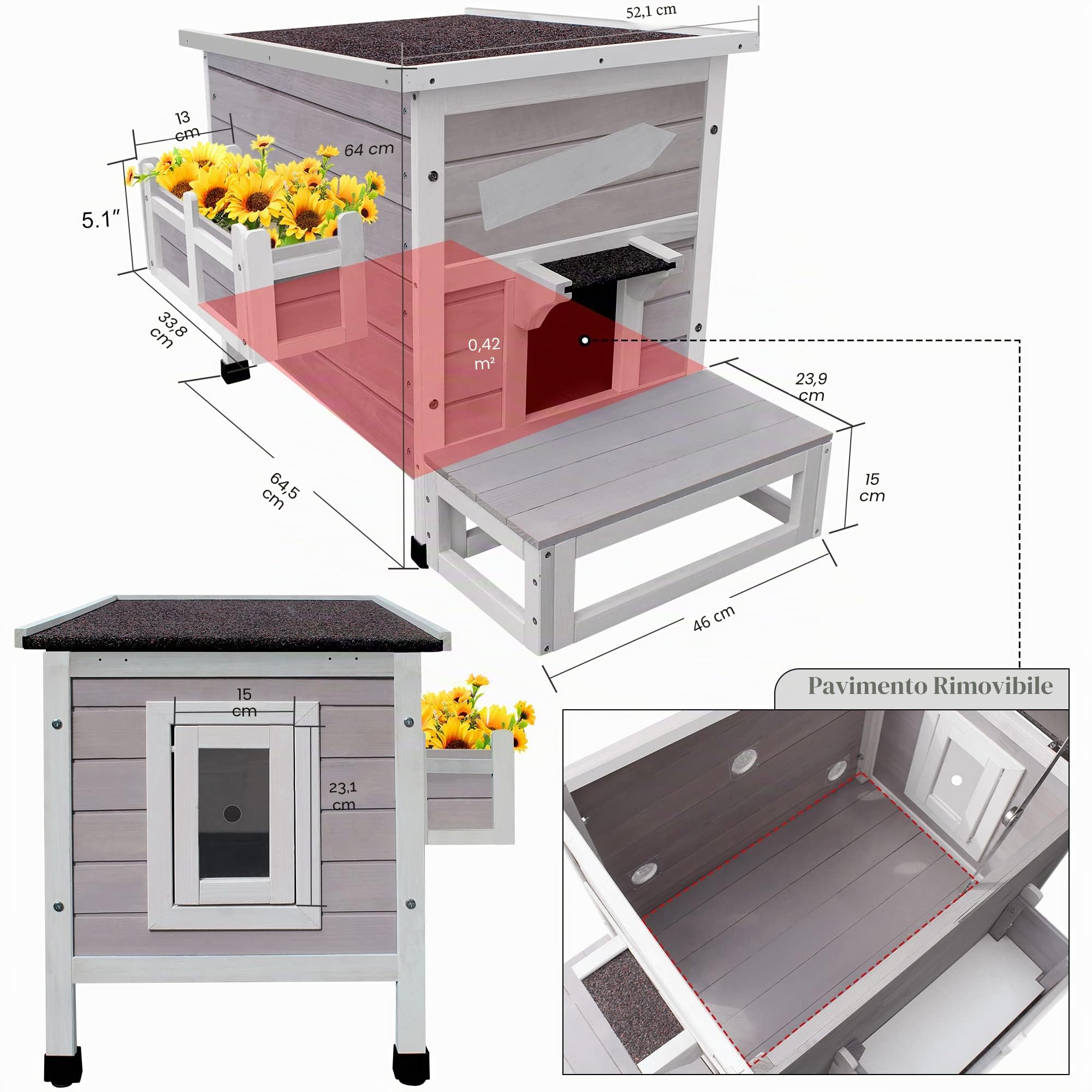 HiCaptain - Cuccia gatto esterno, cuccia per cani da esterno, con porta di fuga, per casa e gattini, resistente alle intemperie (grigio)