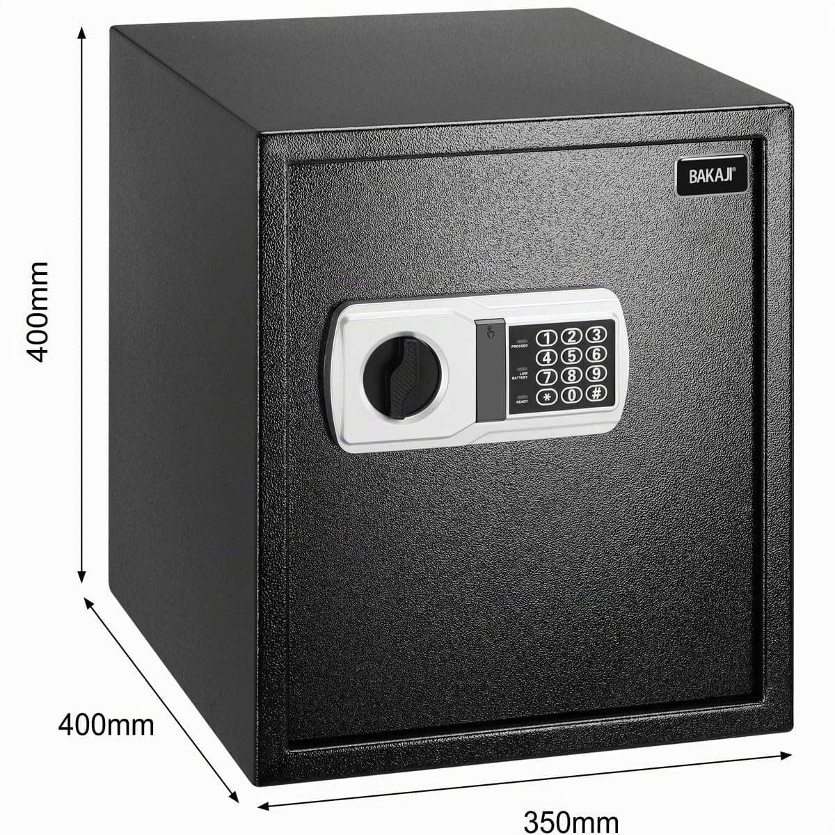 BAKAJI Coffre-fort électronique de sécurité avec boîte de batterie externe, boîte à valeurs et documents anti-effraction pour maison, hôtel, armoire murale ou indépendante, 40 x 35 x 40 cm (Noir)