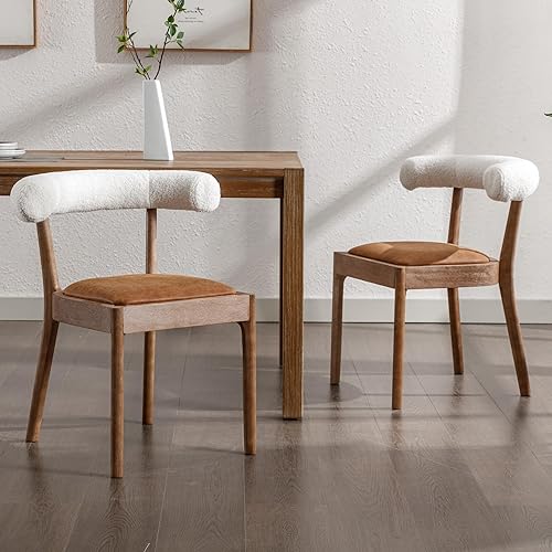 Juego de 2 sillas de comedor de madera, modernas de mediados de siglo, sillas de sala de estar con sherpa curvado único, respaldo abierto, cómodas